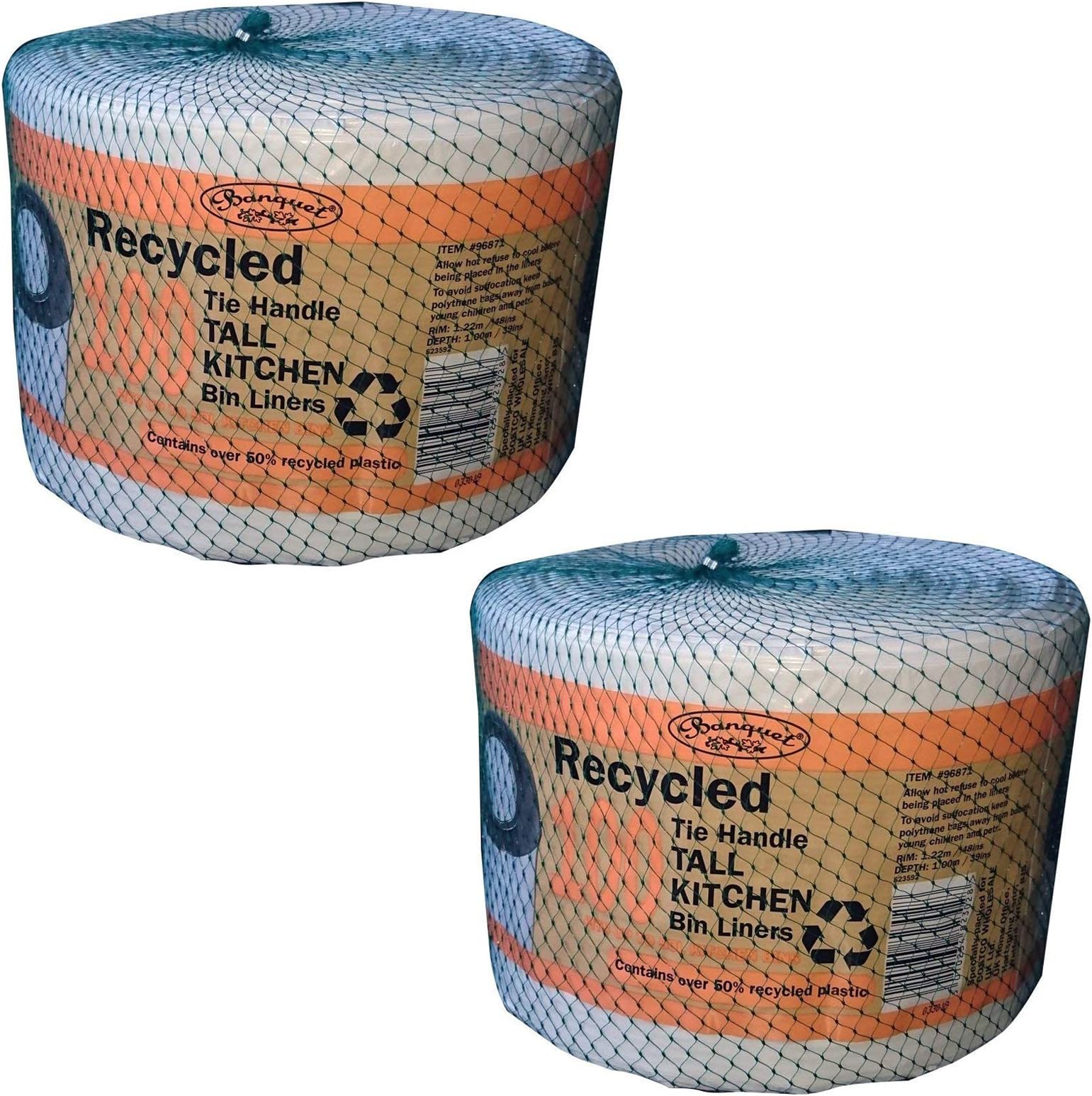Banquet Recycled 100 Tie Handle Tall Kitchen Bin Liners, White (2 Pack