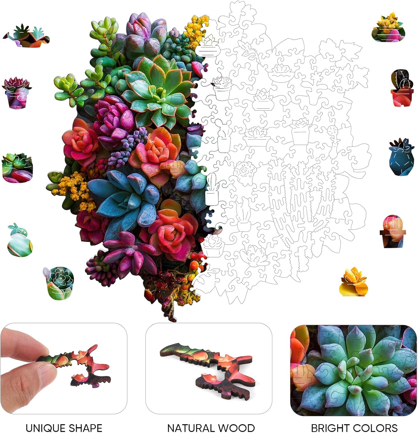 Wooden Puzzles for Adults,500Pieces Colorful Succulent Plants Jigsaw Puzzles,Unique Irregularly Shaped Animal Wooden Jigsaw Puzzle for Adult Family Game Thanksgiving Gift,17.2 * 16.6in
