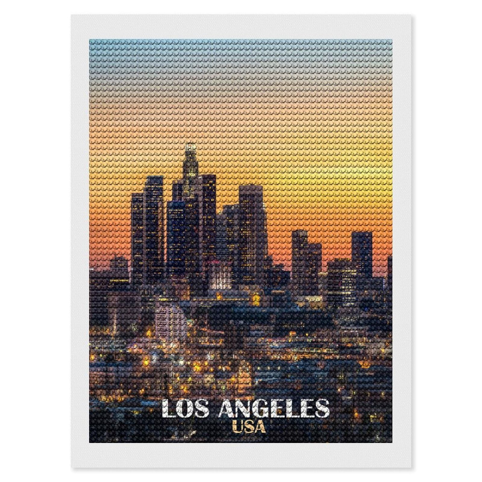 Junmoney Los Angeles Skyline at Sunset(2) Diamond Painting Canvas Set 12"x16", for Adults, Sparkling Round Gems, Thoughtful Handmade Gift, Modern Decor