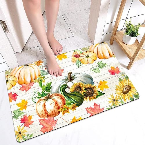 Tapete de baño de calabaza de otoño, hojas de arce, otoño, Acción de Gracias, tapete de baño rústico de madera con girasol, decoración de baño,