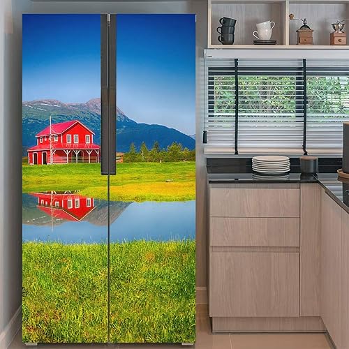 Miniatura 2 de Juego de envoltorios de vinilo autoadhesivos para nevera, hermoso mural rojo para puerta de granero, adhesivo extraíble para nevera, calcomanía de