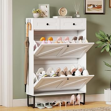 Baoz Shoe Cabinet- Entryway Hidden Shoe Storage- Freestanding Shoe Organizer with 2 Flip Drawers & Adjustable Shelf Closed Narrow Slim Shoe Rack with Hook & Fabric Drawer for Hallway Foyer White