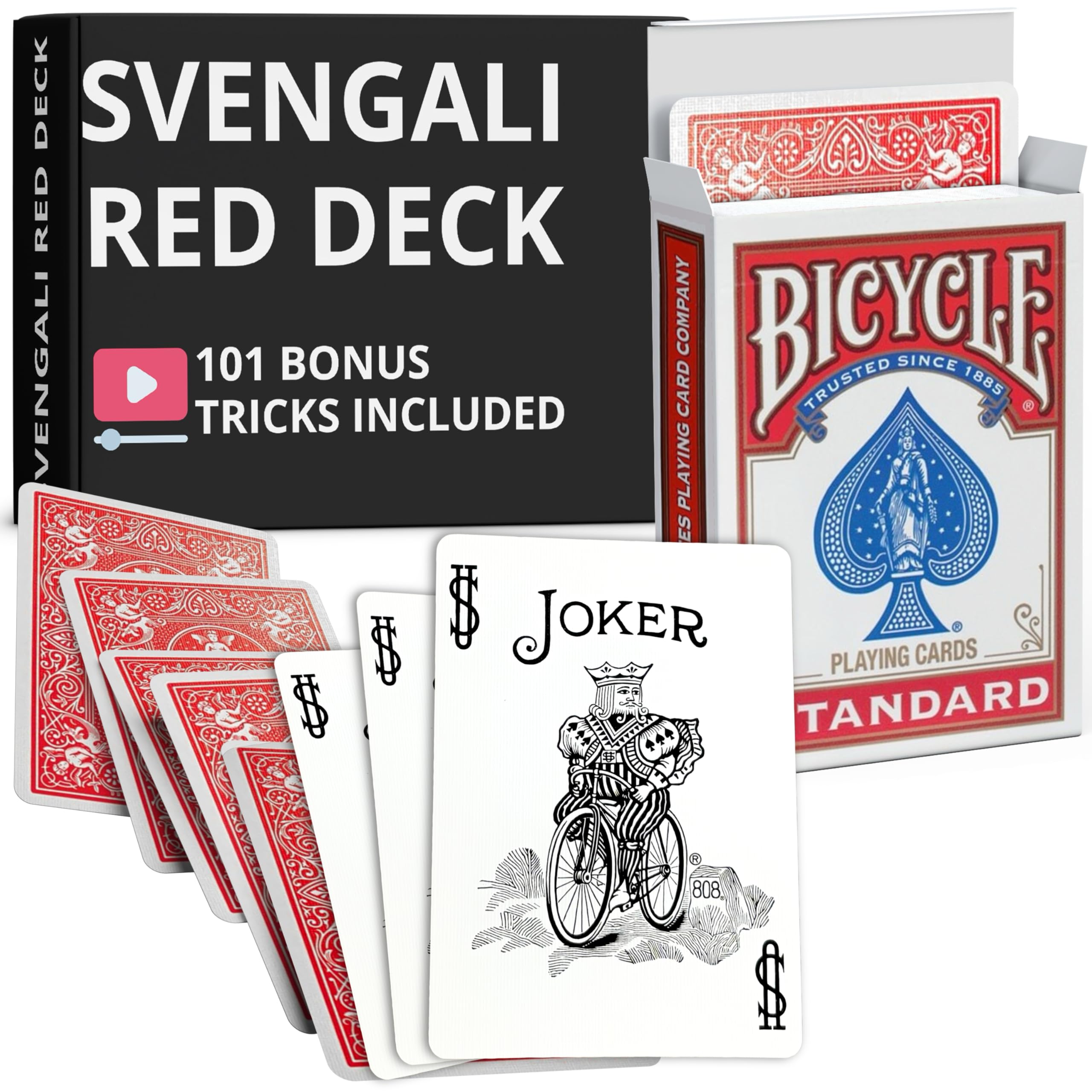 Ted's Sterling Magic Precision Red Rider Back Bicycle Svengali Deck with Instructions for 100+ Tricks (Black and White Joker) — image 1
