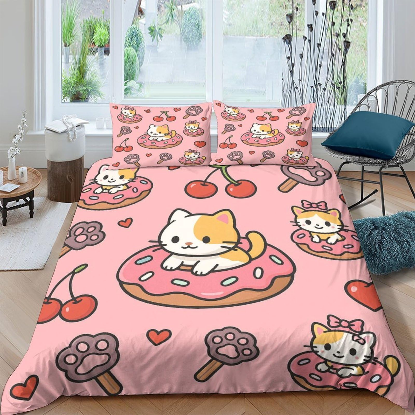 Ctjqhvkz Style-8 3D Printed Cute Cat Donut Fitted Sheet Microfiber Pink Cherry Bed Cover For Bedroom Guest Room Decor Protection Single（135X200cm）