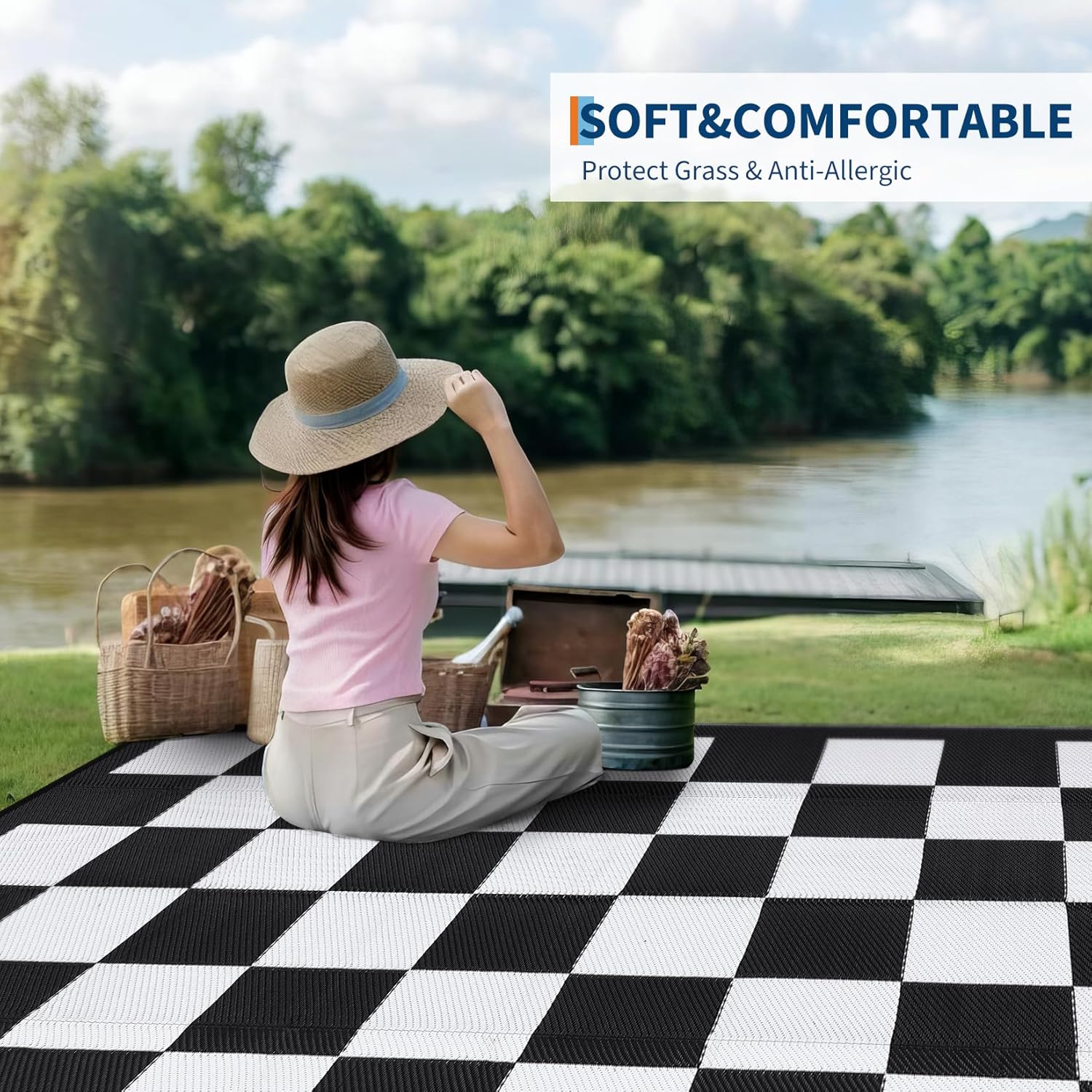 Modern Outdoor Rug Geometric Plaid Camping Mat for Patio UV-Resistant Reversible - Picture 56 of 59