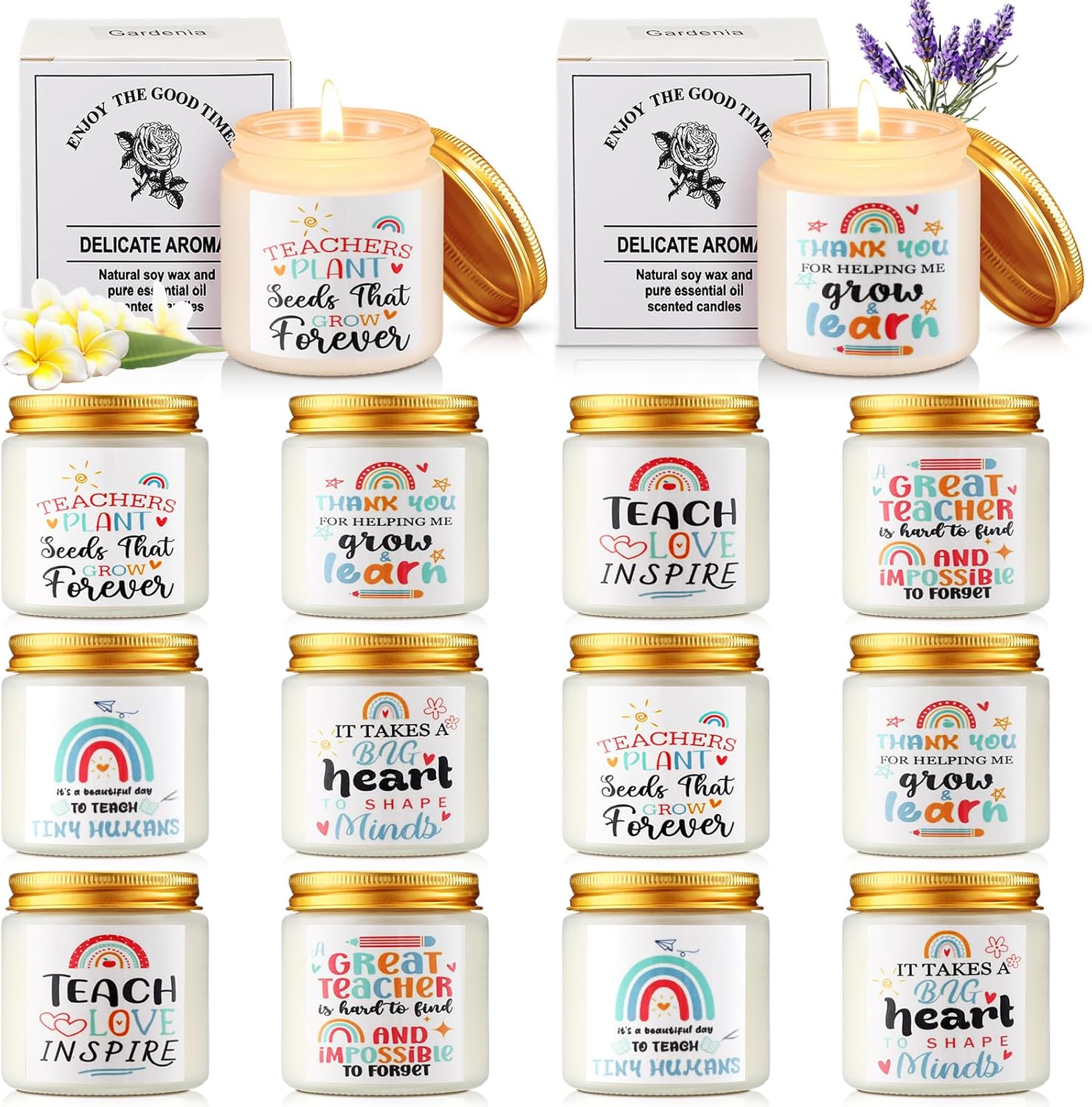 MTLEE 12 Pcs Teacher Appreciation Gift Candles Bulk 3.5oz Scented Soy Wax Jar Candles Thank You Teacher Graduation Gift, 12 Fragrance (Rainbow, White)