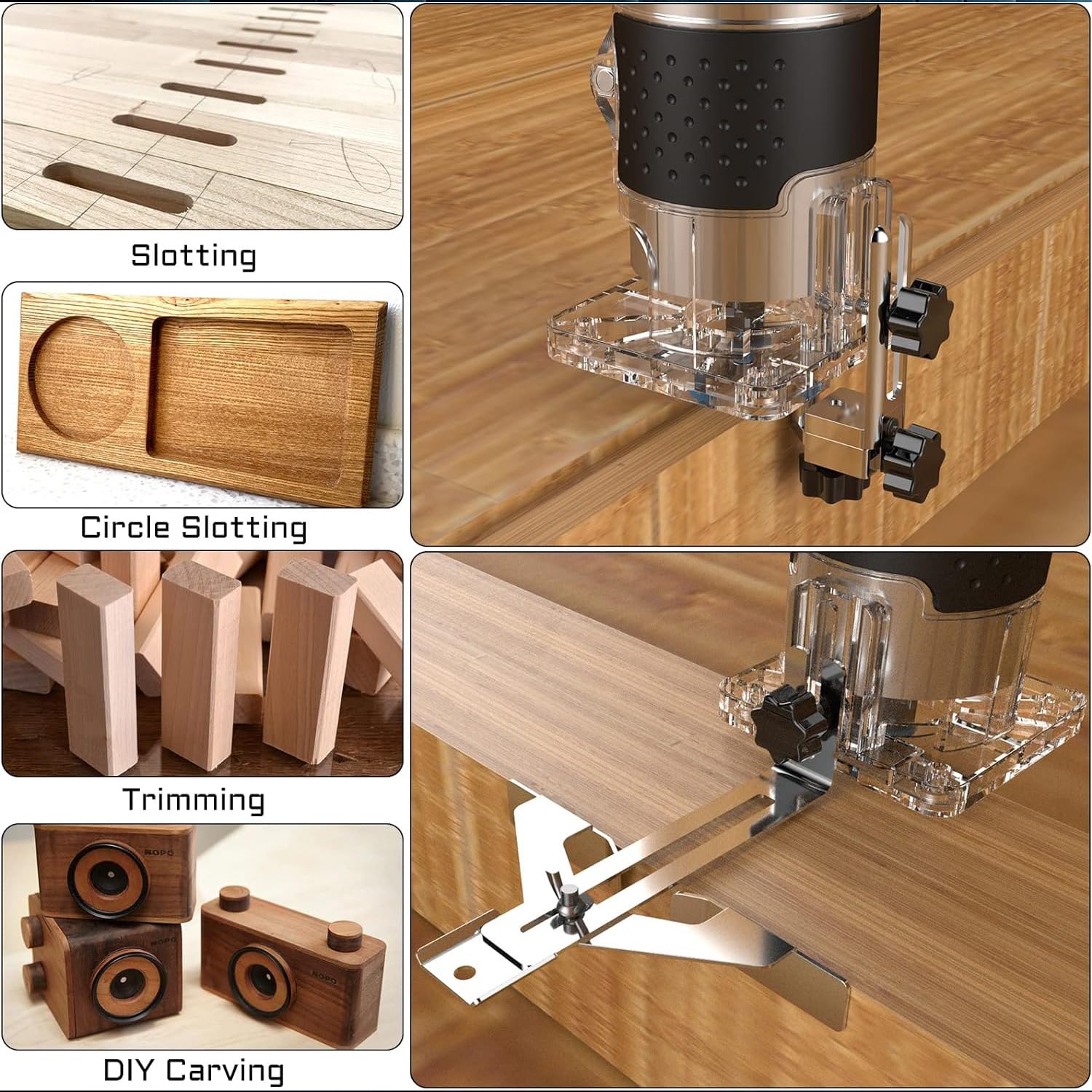 Affleureuse Défonceuse Trimmer Router Fraiseuse Électrique Outil à Bois 800W 30000 Tr/Min,Pince 6.35mm + Coffret De 15 Fraises à Défoncer Queue De 1/4" Pour Travail Du Bois