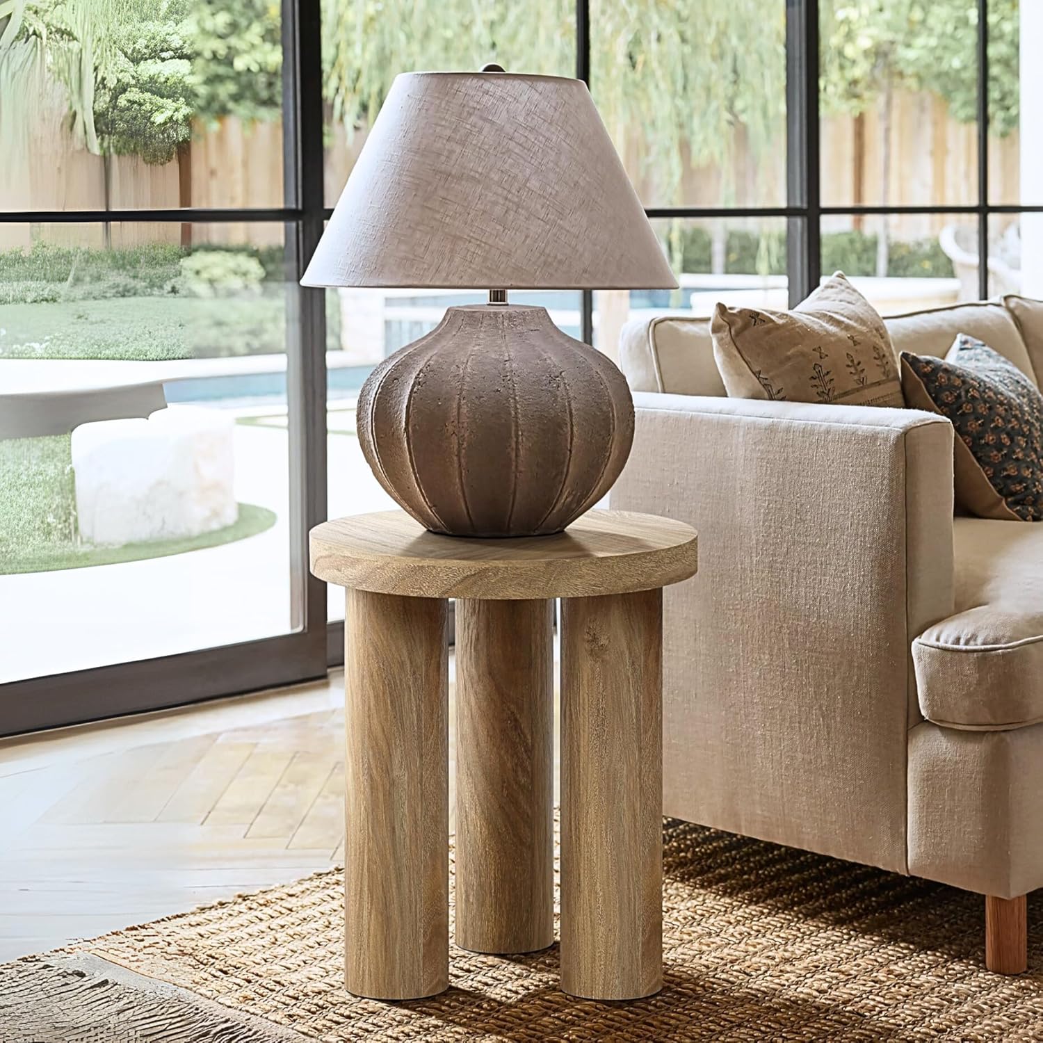 LuxenHome Round Side Table, 19" Tall End Table with 3 Pillar Legs, Modern Farmhouse Dark Oak Finish Wooden Couch Side Tables, Accent Table for Living Room, Bedroom