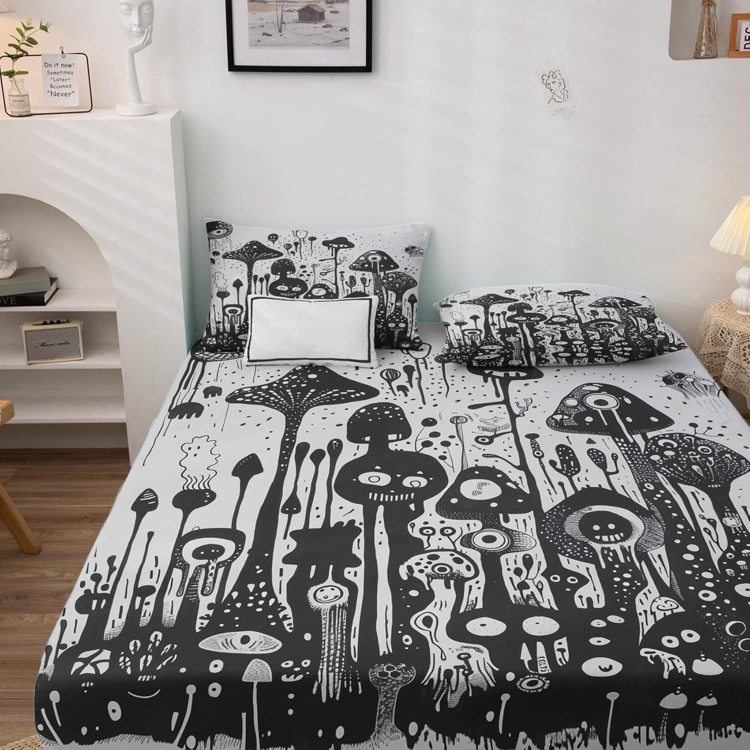 Full Size Sheets Set - Mushroom Bed Sheets & Bedroom Decor, Trippy Wild Fungus Sheet Set - Soft Breathable Microfiber Deep Pocket Patterned Bedding Sheets & Pillowcases