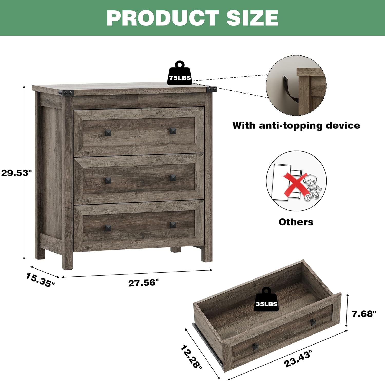 Dresser for Bedroom with 3 Drawers, Small Chests of Drawers, 27.55" Wide Farmhouse Wood Nightstand Bedside Cabinet End Table, Modern Closet Storage Organizer for Living Room, Entryway, Hallway, Grey - Image 2