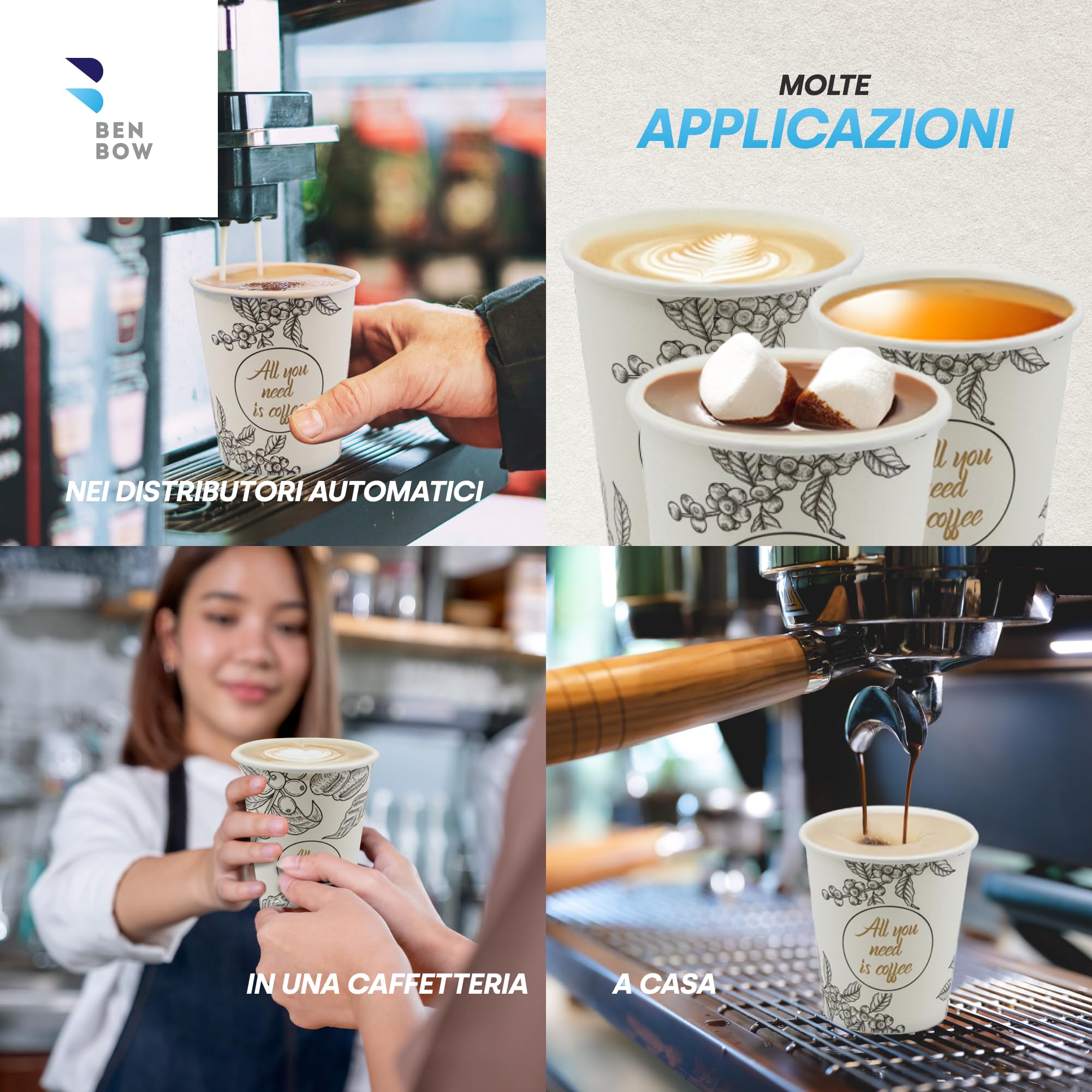 BenBow Bicchieri Monouso 400 ml x 300 - Da Asporto, Usa e Getta, All You Need Is Coffee - Per Ufficio e Macchine da Caffè, Robusti e Pratici