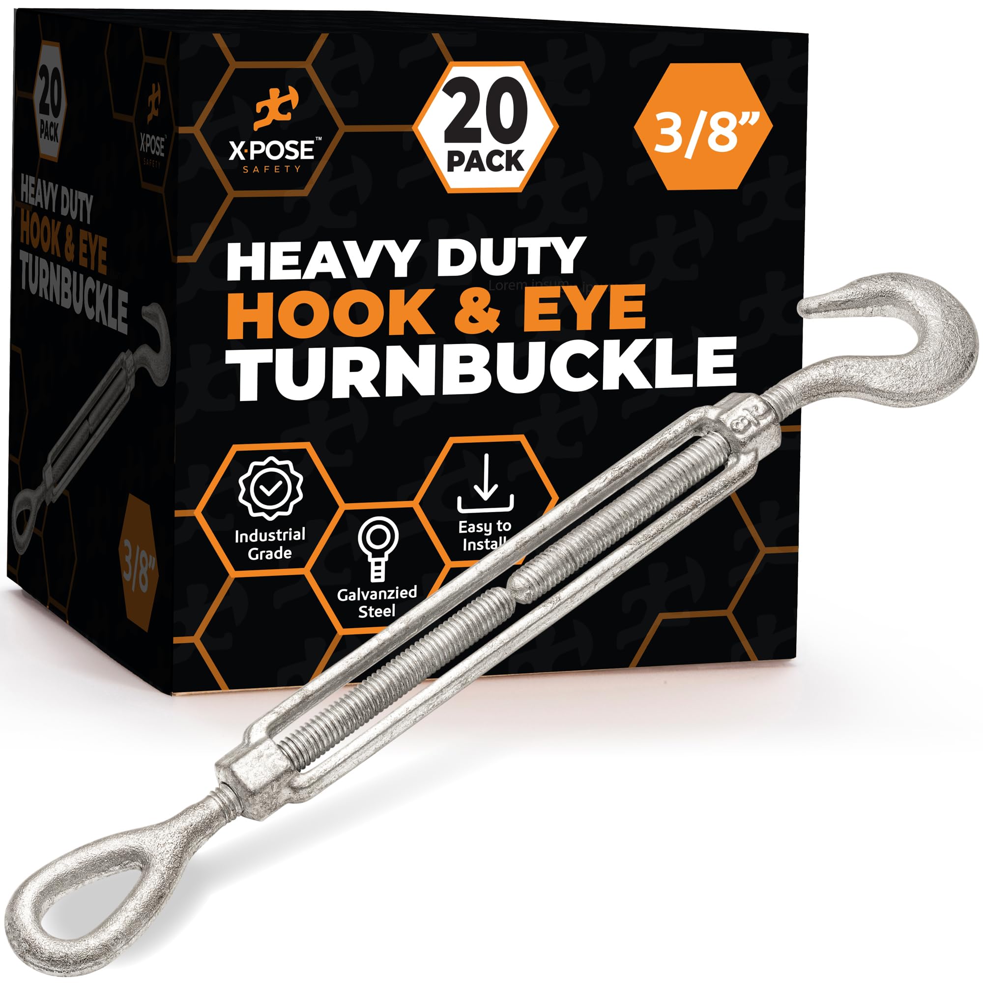 Xpose Safety 3/8" Hook and Eye Turnbuckle - Heavy Duty Galvanized Steel Turn Buckles - Turn Buckle Tensioner for Cables, Tension Wire, Rope, Shade -