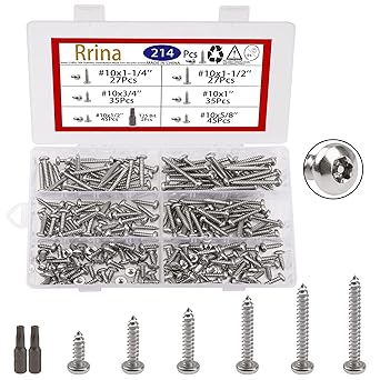 Rrina 214Pcs 304 Stainless Steel Button Head Torx Security Screws Anti-Theft Tamper Resistant Screw Assortment Set, 10 x 1/2'' / 5/8'' / 3/4'' / 1