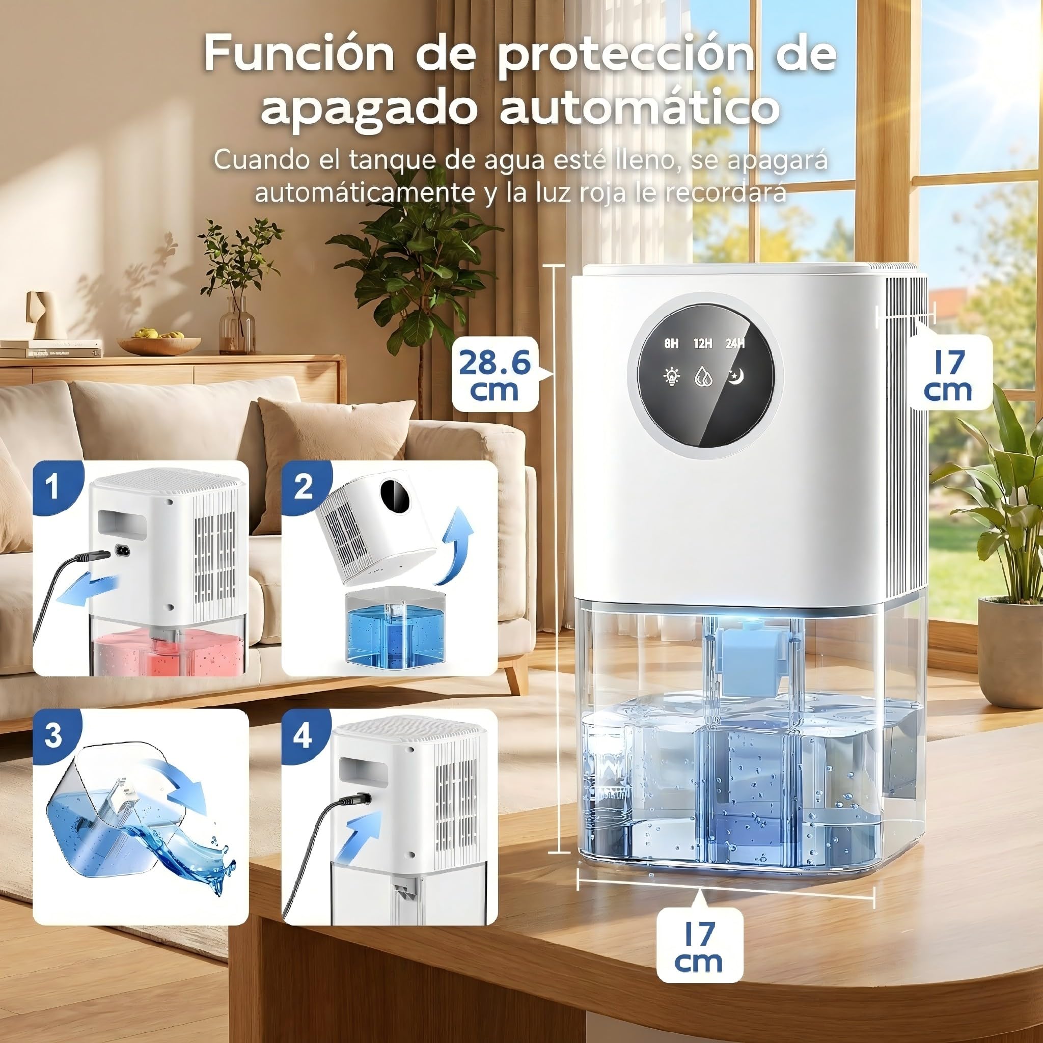 Deshumidificador Silencioso Bajo Consumo 1.8L - Deshumidificador Eléctrico Portátil con Modo Suspensión, Temporizador 24h y Apagado Automático - Ideal para Baño, Dormitorio y Armarios(560ml/día)