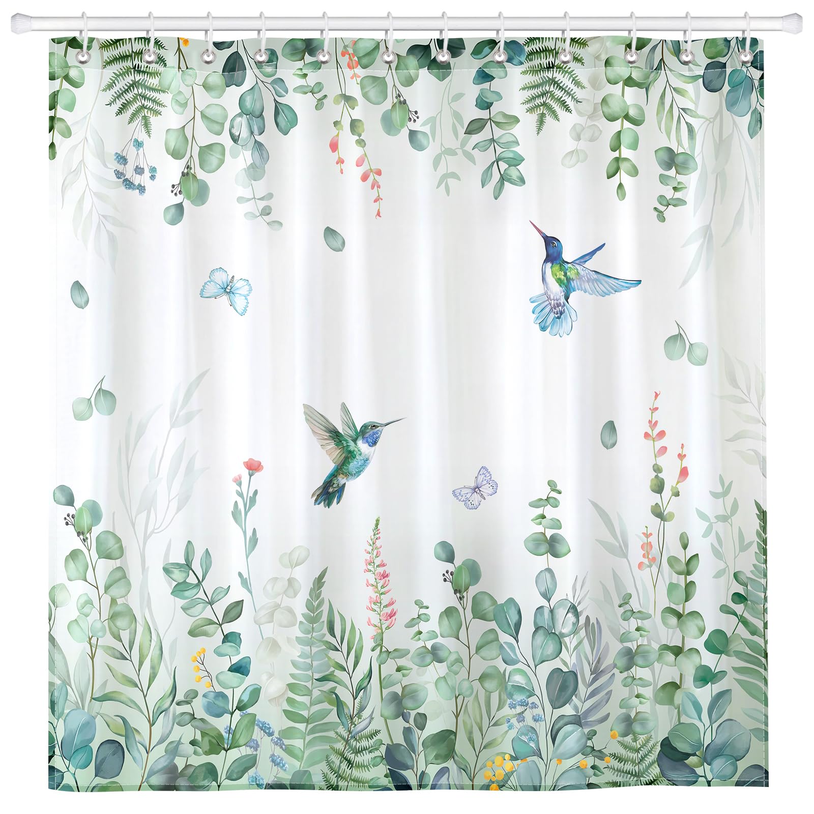 Arquiel Eucalyptus Humming Bird Shower Curtain Sets, Waterproof Polyester Fabric Shower Curtains With 12 Hooks for Bathroom Home Decoration, 182 x 182 cm (72x 72 Inch) Washable Bath Accessories Decor — image 1