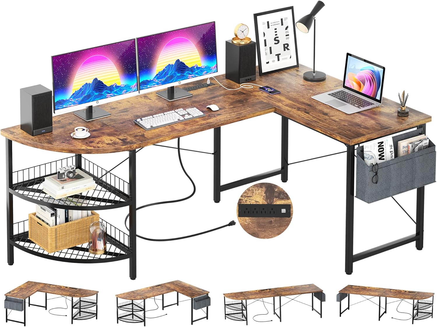 Unikito L Shaped Desk with Power Outlet, 98.4" Reversible Corner Computer Table with