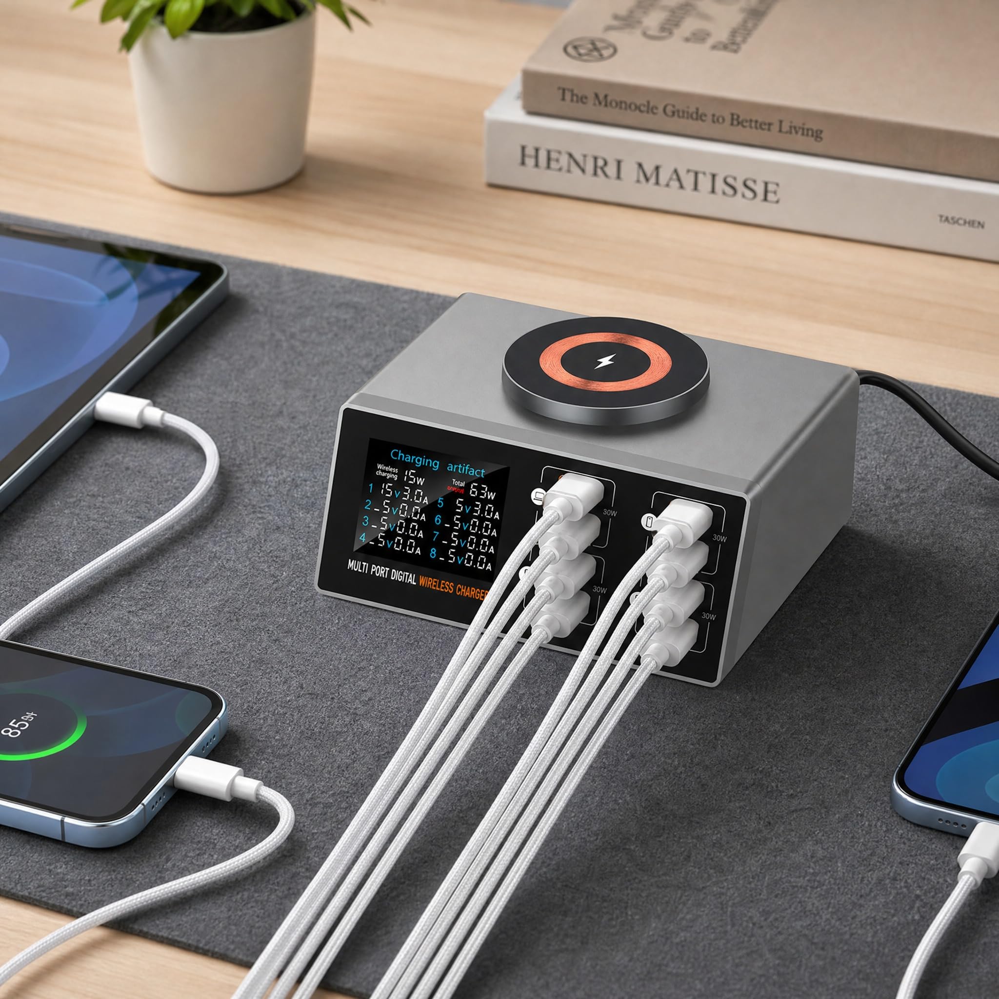 Chargeur Intelligent Multifonctionnel 140 W avec indicateur d'absorption magnétique, Chargeur USB-C 8 Ports avec PD 3.0 et QC 3.0 (65 W), Chargeur sans Fil magnétique, écran LCD