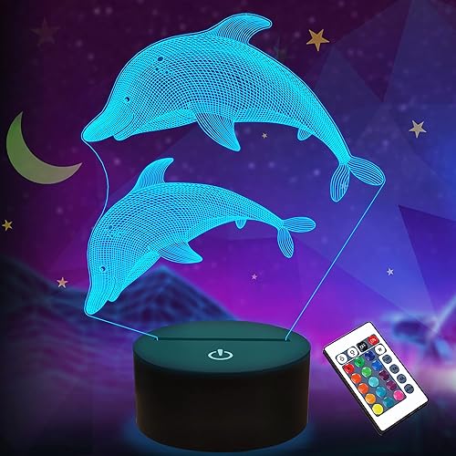 Lightzz Delphin Regalos para Niños Niñas Lámpara 3D Ocean Dolphin LED Illusion Luz nocturna con mando a distancia 16 col