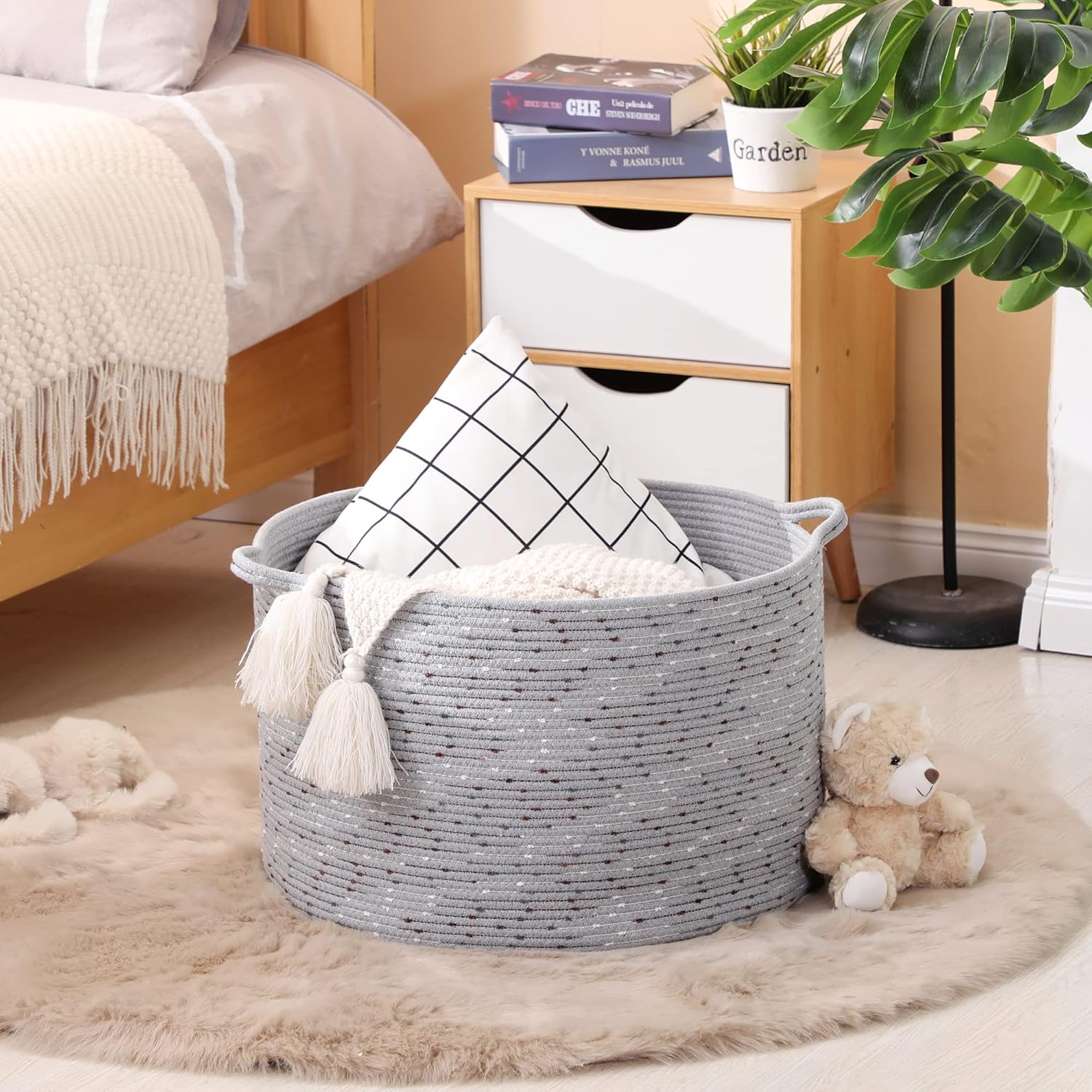 KAKAMAY Large Blanket Basket (20"x13"),Woven Baskets for storage Baby Laundry Hamper, Cotton Rope Blanket Basket for Living Room, Laundry, Nursery, Pillows, Grey with Blue & Brown Dotted - Image 2