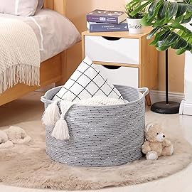 KAKAMAY Large Blanket Basket (20x13),Woven Baskets for storage Baby Laundry Hamper, Cotton Rope Blanket Basket for Living Room, Laundry, Nursery, Pillows, Grey with Blue & Brown Dotted