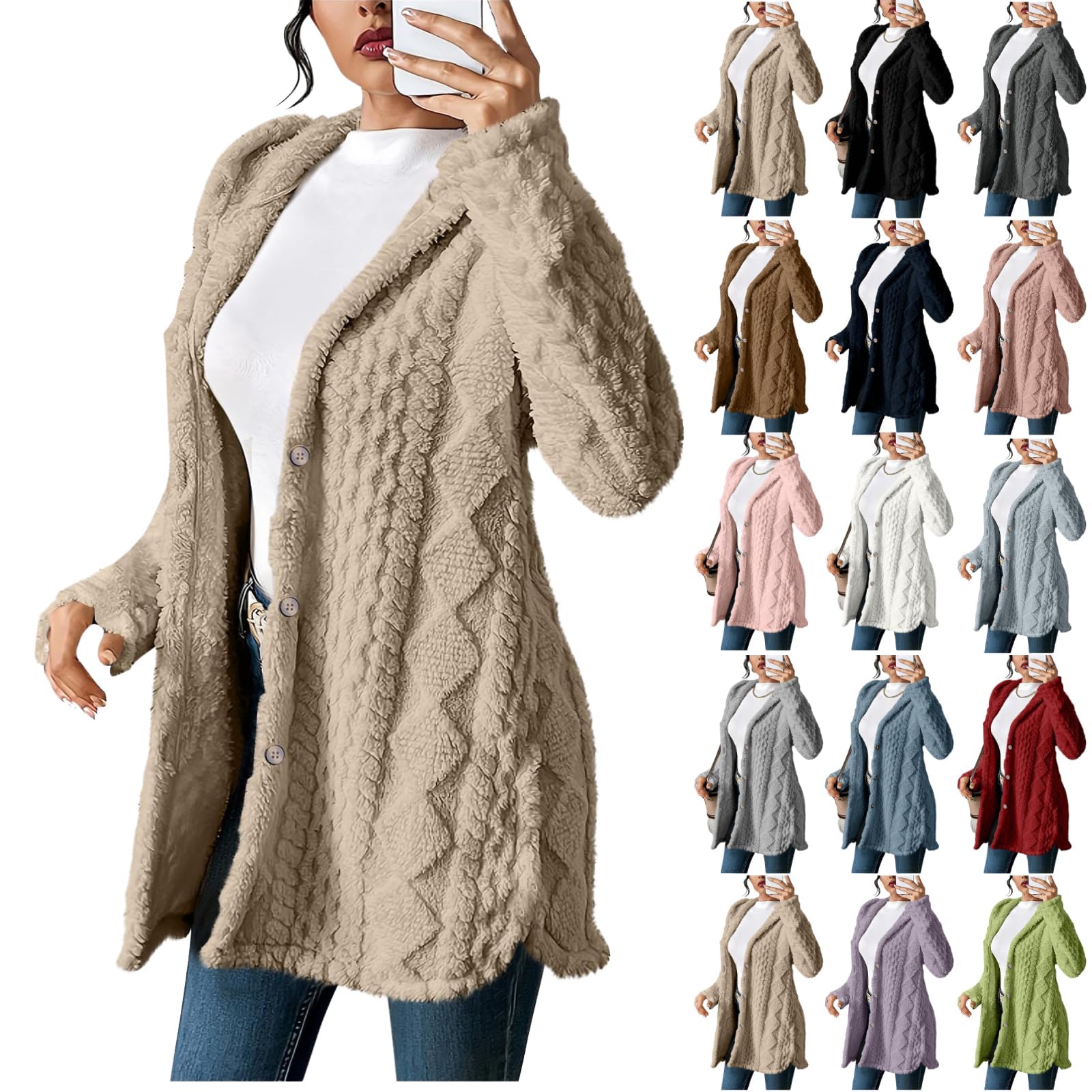 Womens Fleece Jacket Casual Button Up Fuzzy Hooded Long Sleeve Cardigan Sweaters Warm