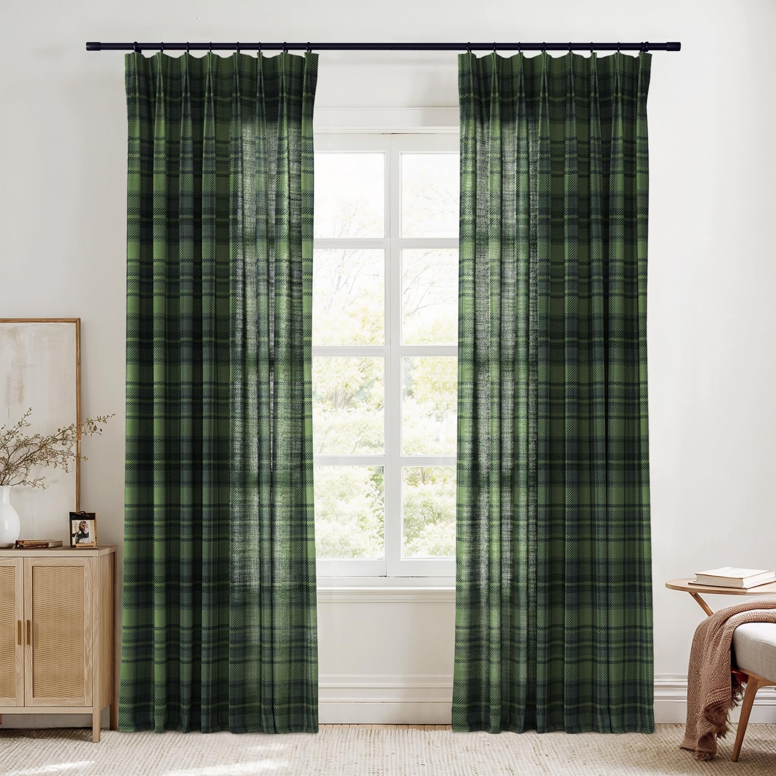 TWOPAGES Pinch Pleat Plaid Curtain 84 Inch Long Light Filtering Privacy Drape Linen Textured Tartan Curtain for Kitchen Bathroom (Evergreen, 26W x 84L