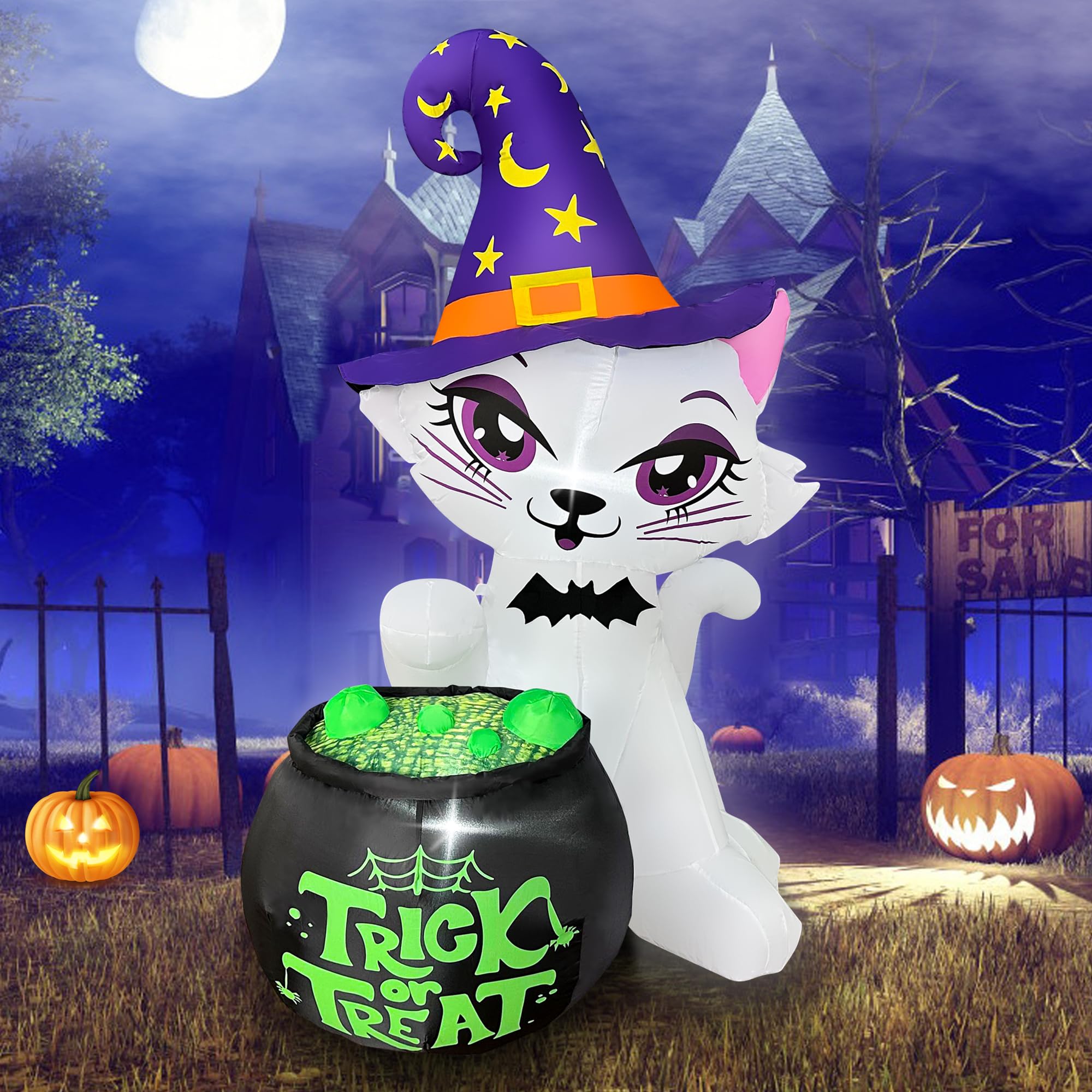 Décoration gonflable d'Halloween chat 1,5 m illuminé pour grand jardin