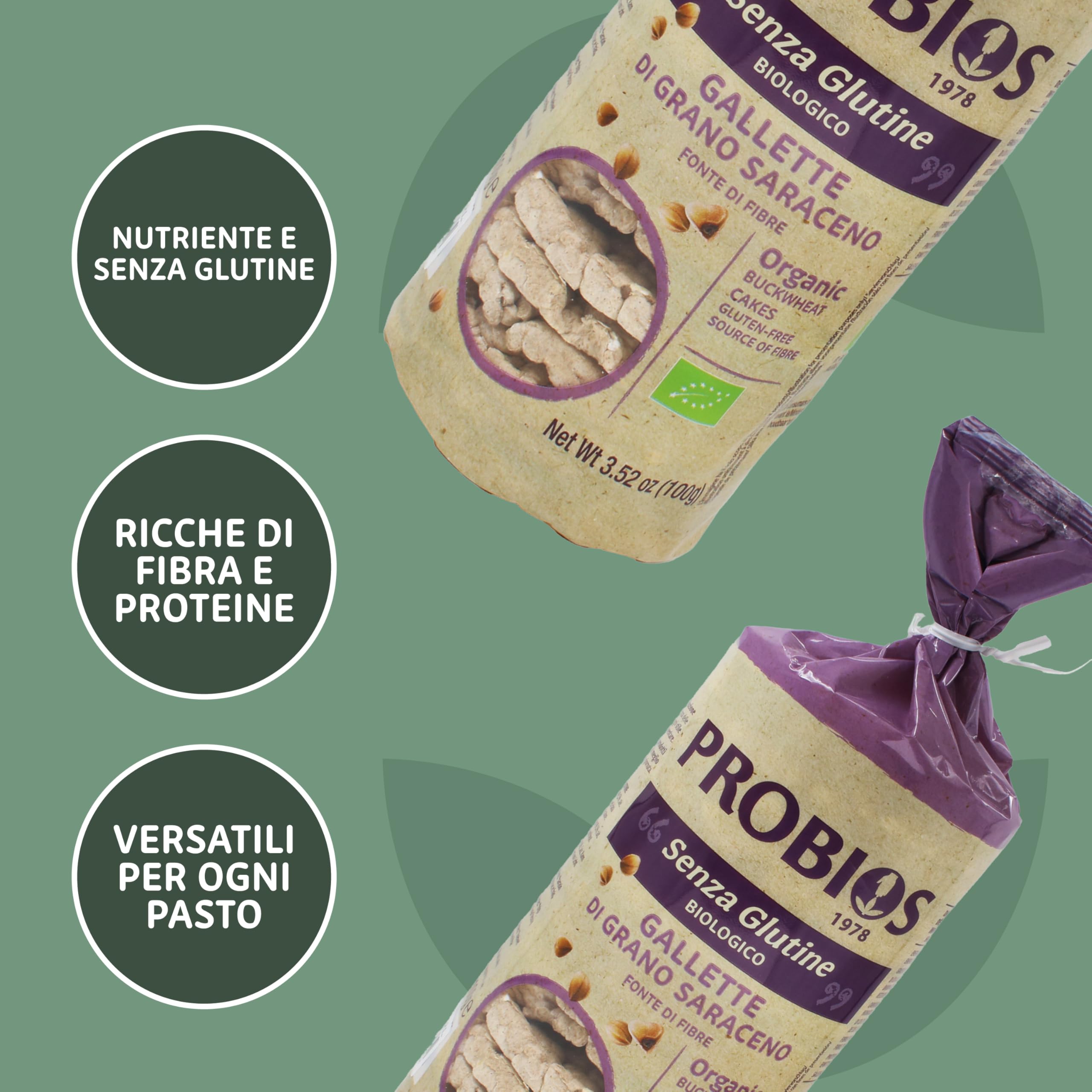 Probios Gallette di Grano Saraceno Biologiche - Croccanti e Gustose Senza Glutine - Fonte di Fibre e Proteine ​​Vegetali - Confezione da 12 da 100g