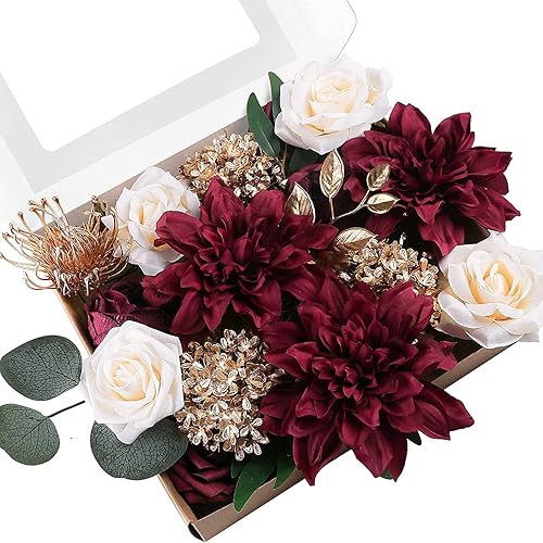 ponatia Combo de flores artificiales de boda para bricolaje, ramos de boda, decoraciones de fiesta (dorado, marrón y crema)