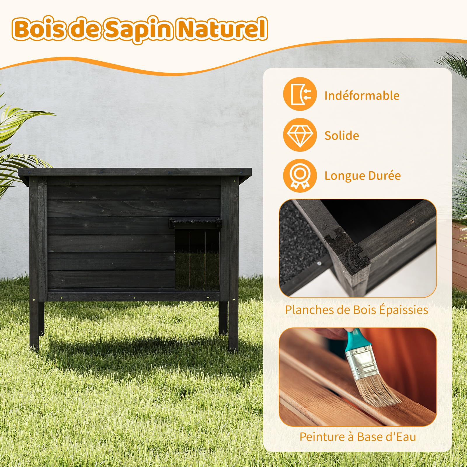 COSTWAY Niche pour Chat Exterieur, Grand Maison pour Chats en Bois de Sapin, 88 × 55 × 71 cm, Isolation en Mousse à 6 Côtés, Toit en Asphalte Ouvrable, Rideau de Porte, Cabane Chat Exterieur (Noir)