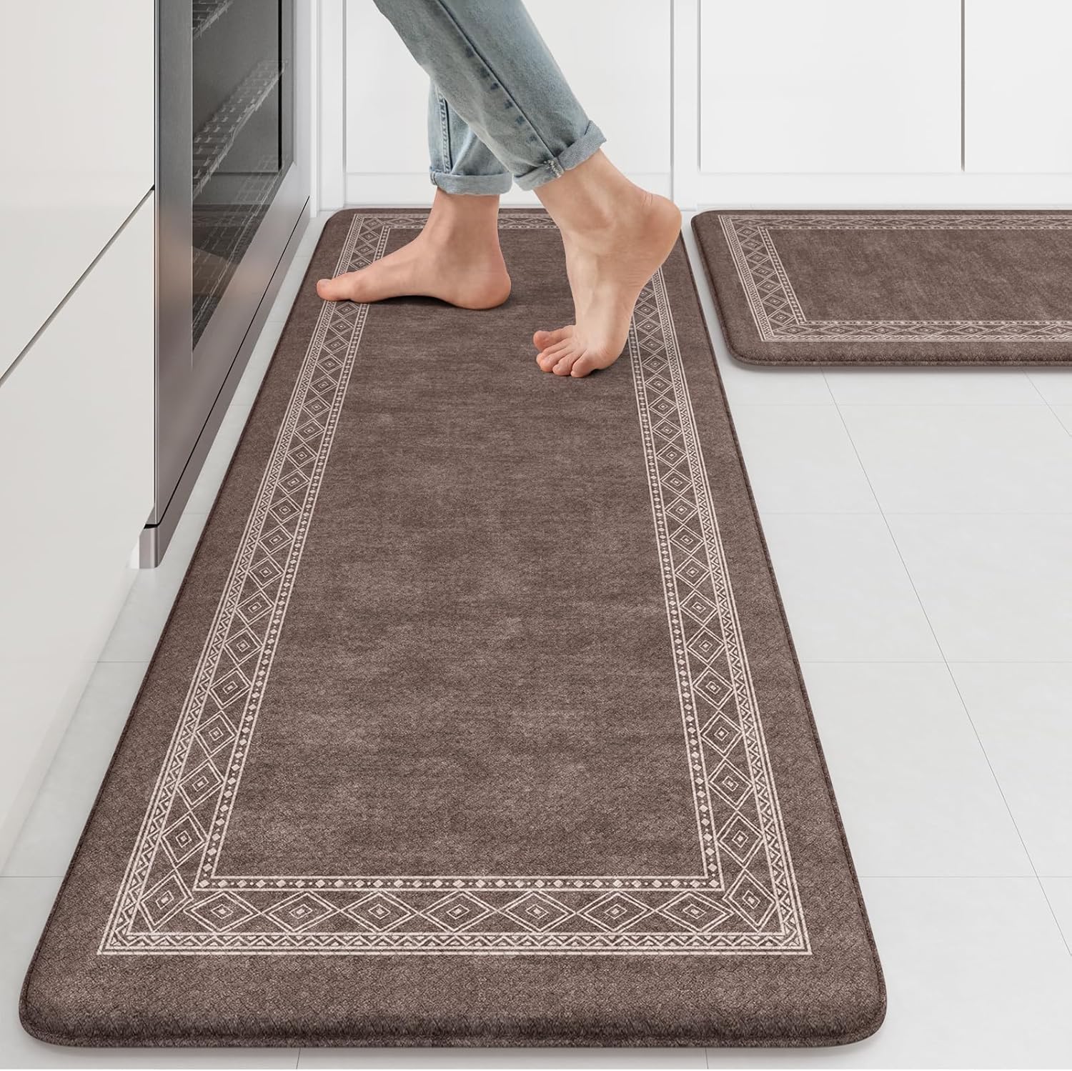 KIMODE Kitchen Rugs Cushioned Anti Fatigue Kitchen Mat Non-Skid Waterproof Kitchen Runner Rug Ergonomic Comfort Foam Standing Mat for Kitchen Floors,Office,Laundry,Dark Brown 17"x29.5"+17"x47" 17.3" x 47"+17.3" x 29"--0.47 inches Dark Brown