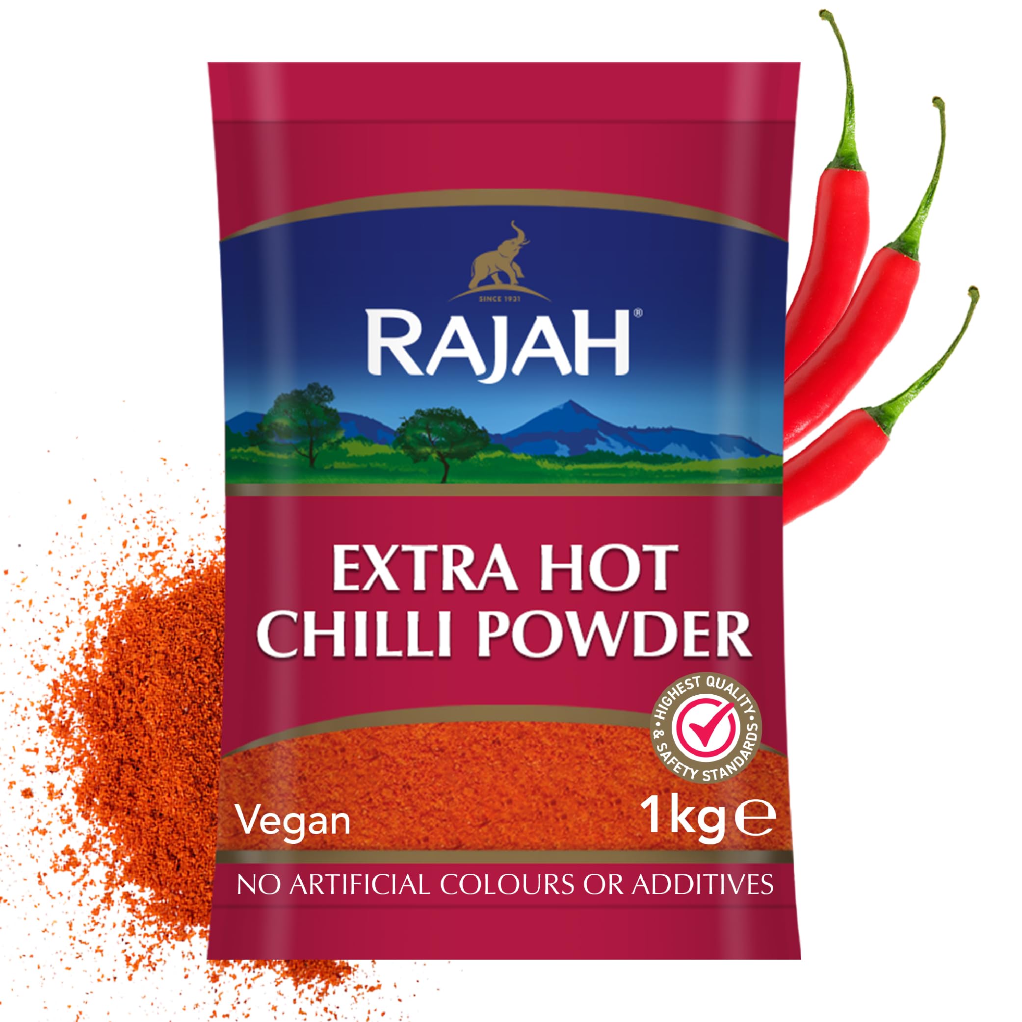 Rajah Spices Extra Hot Chilli Powder 1KG | Chilli Powder | Chili Powder | Spicy Chili | Spicey Chilli | Indian Curry | Chilli Madras | Chilli Powder | (1kg)