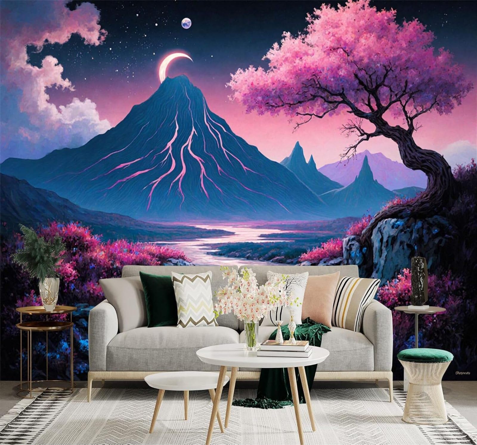 Tzxztt Purple Fantasy Landscape Mountain Peaks Waterfall Crescent Moon Flowering Trees Modern 3D Wallpaper Premium Textured Silk Neutral Tones Material Ideal for Living Room Bedroom-250cm×170cm
