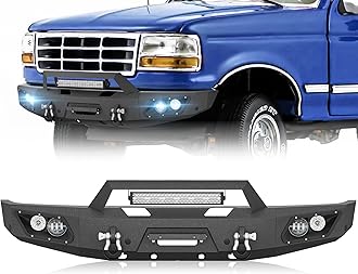 for F150 F250 F350 F450 Front Bumper Compatible with 1992 1993 1994 1995 1996 1997 Ford F-150 F-250 F-350 F-450 with 5 x LED Lights, Winch Plate, License Plate Bracket, Sensor Holes & D-rings