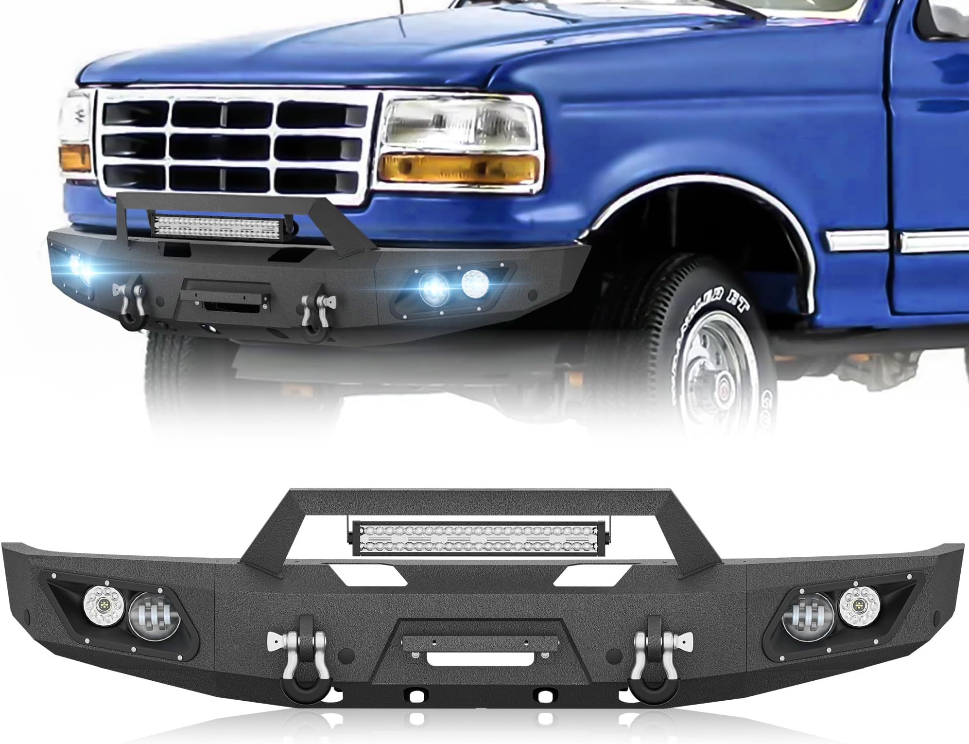 for F150 F250 F350 F450 Front Bumper Compatible with 1992 1993 1994 1995 1996 1997 Ford F-150 F-250 F-350 F-450 with 5 x LED Lights, Winch Plate, License Plate Bracket, Sensor Holes & D-rings