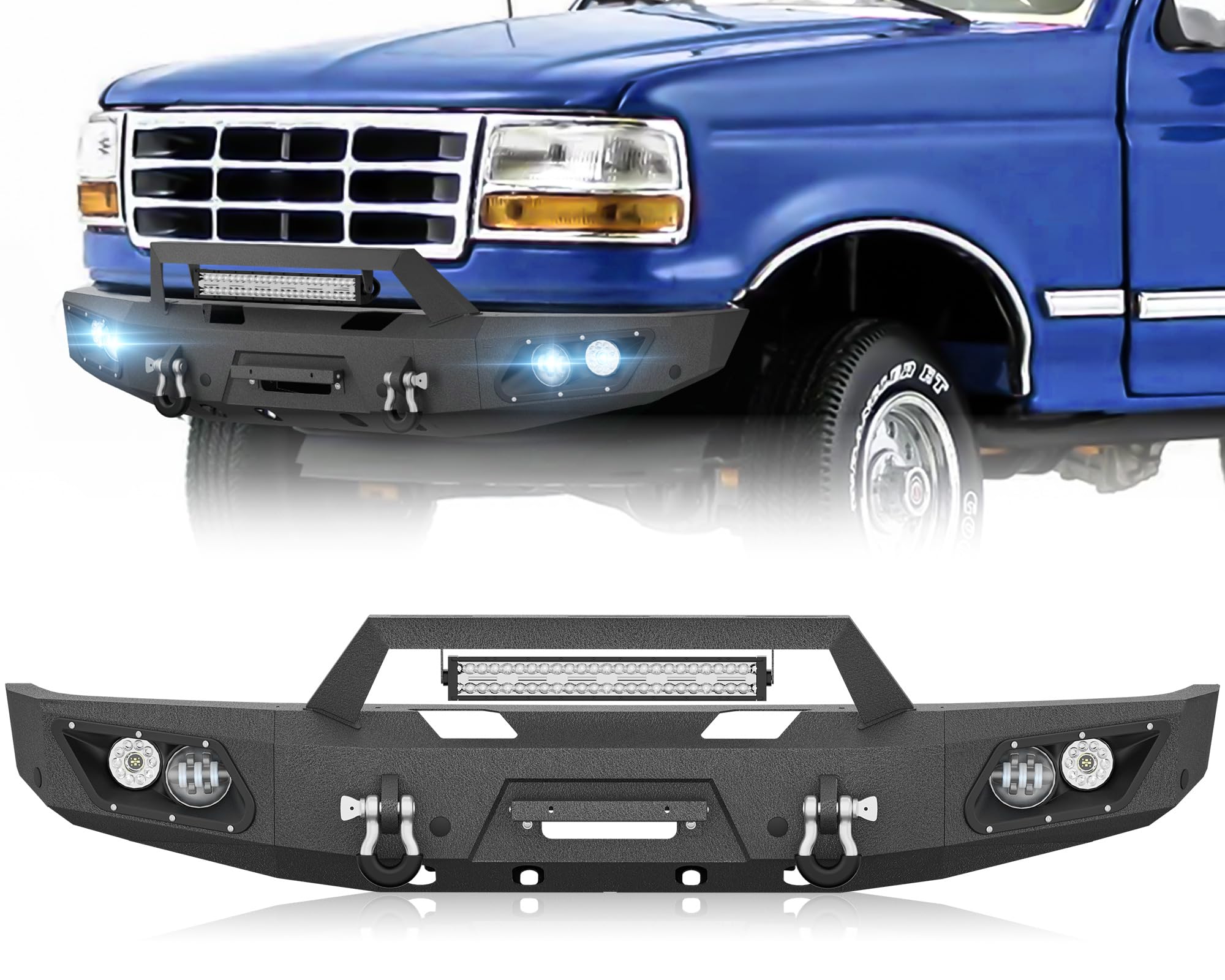 for F150 F250 F350 F450 Front Bumper Compatible with 1992 1993 1994 1995 1996 1997 Ford F-150 F-250 F-350 F-450 with 5 x LED Lights, Winch Plate, License Plate Bracket, Sensor Holes & D-rings