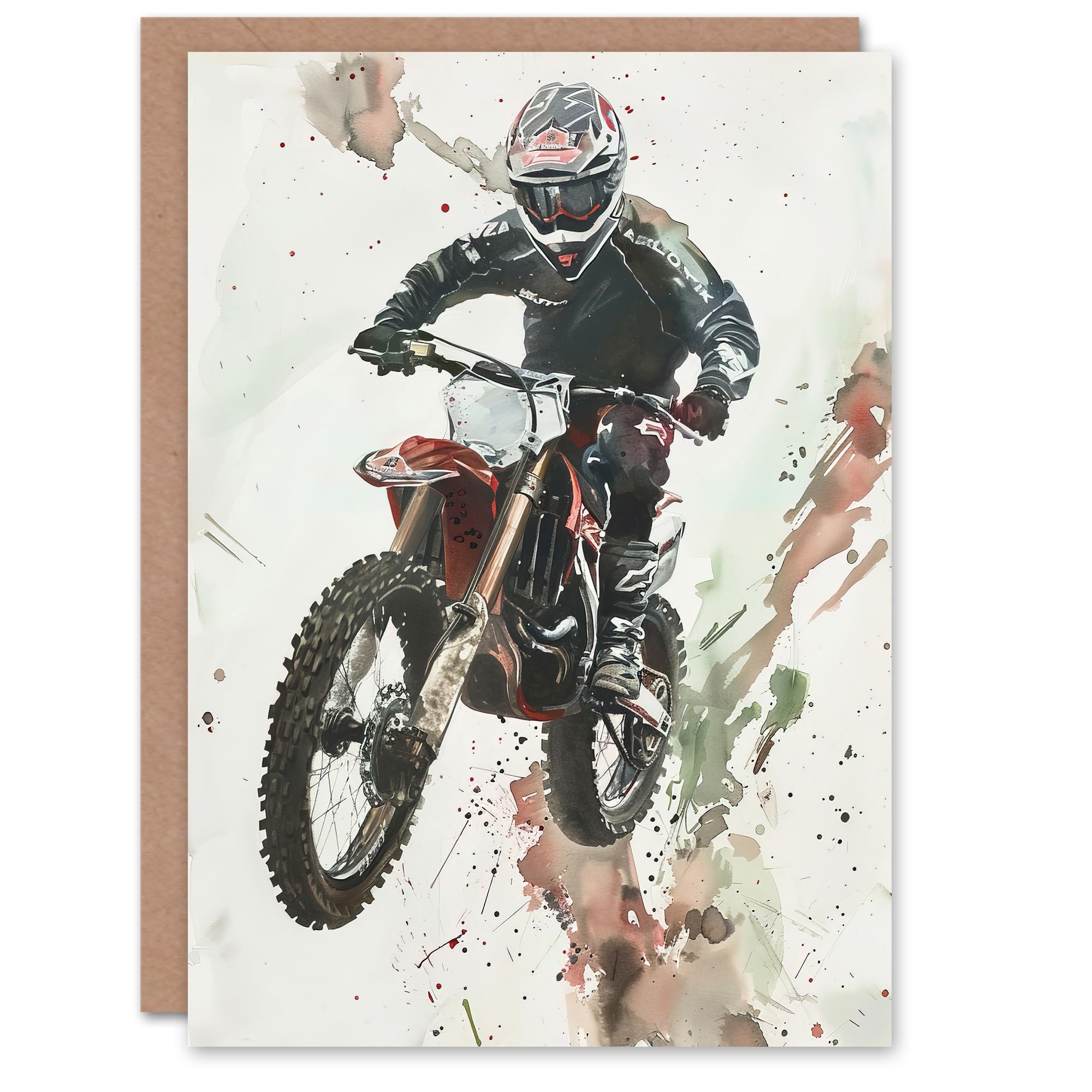 Artery8 Greeting Card Motocross Racer Sport Action Shot Watercolour For Him Man Birthday Card