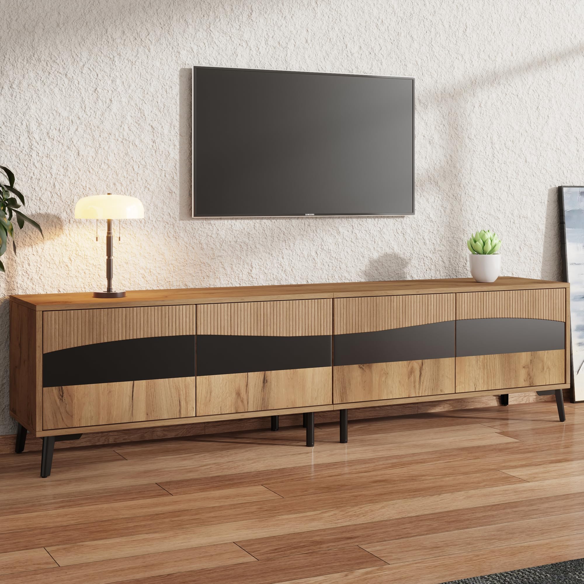 Mueble para televisión, 180 x 40 x 50 cm, color madera + soporte para TV de empalme negro, armario de TV con 4 armarios, armario de salón con 8 patas de apoyo, capacidad de carga recomendada 30