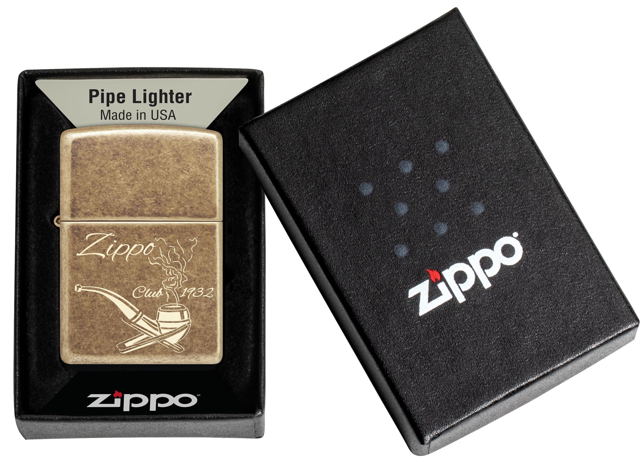 Zippo Sturmfeuerzeug - Pipe Design - Gold - Antique Brass, Laser Engrave - Nachfüllbar - Wiederverwendbar - Windfestes Design - Geschenkbox - Made in USA