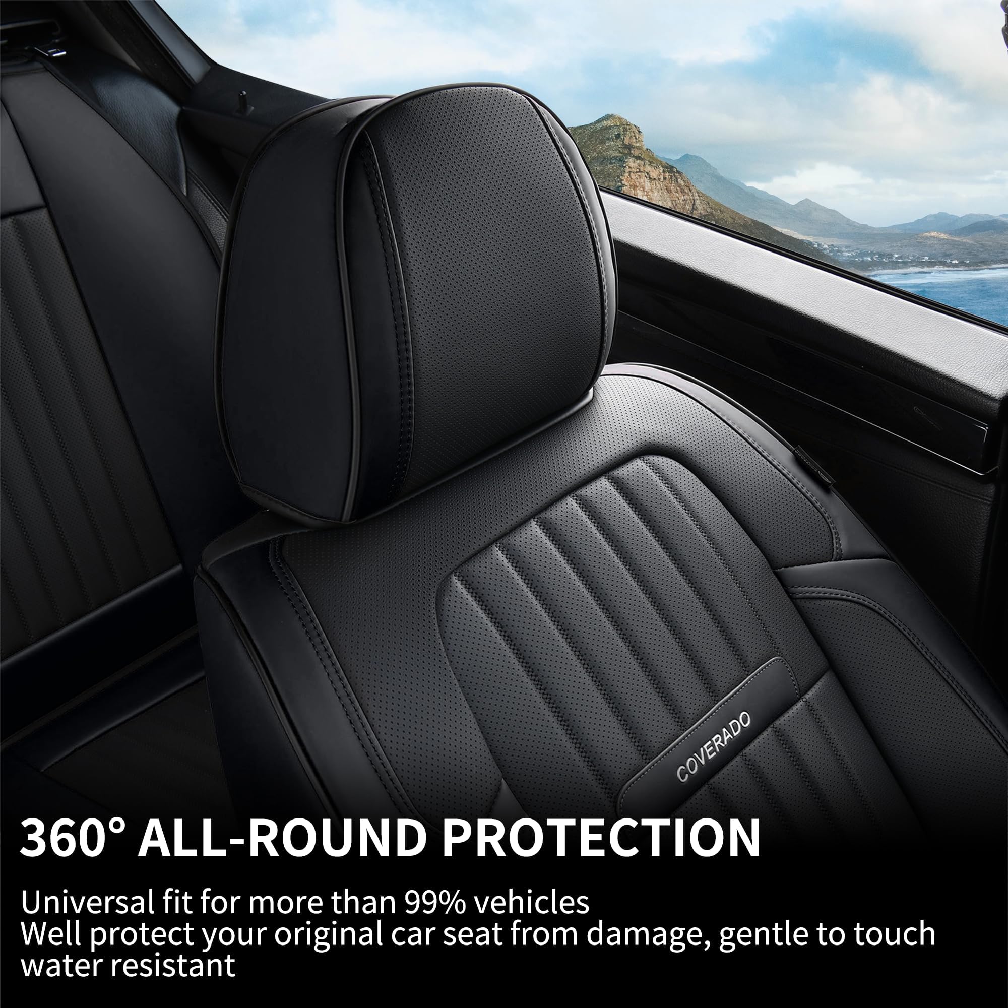Coverado Sitzbezüge Vorne und Hinten 5 Stück Universal Autositzbezüge Set | Nappa Leder Kompatibel mit Den Meisten Limousinen SUV Pick-up Truck, Schwarz