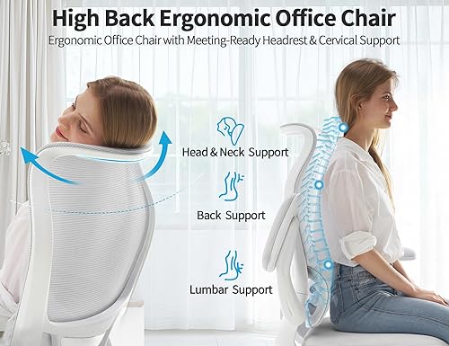 Miniatura 4 de TRALT Silla de oficina ergonómica, silla de escritorio con respaldo alto ondulado, silla de computadora con soporte lumbar ajustable, sillas de