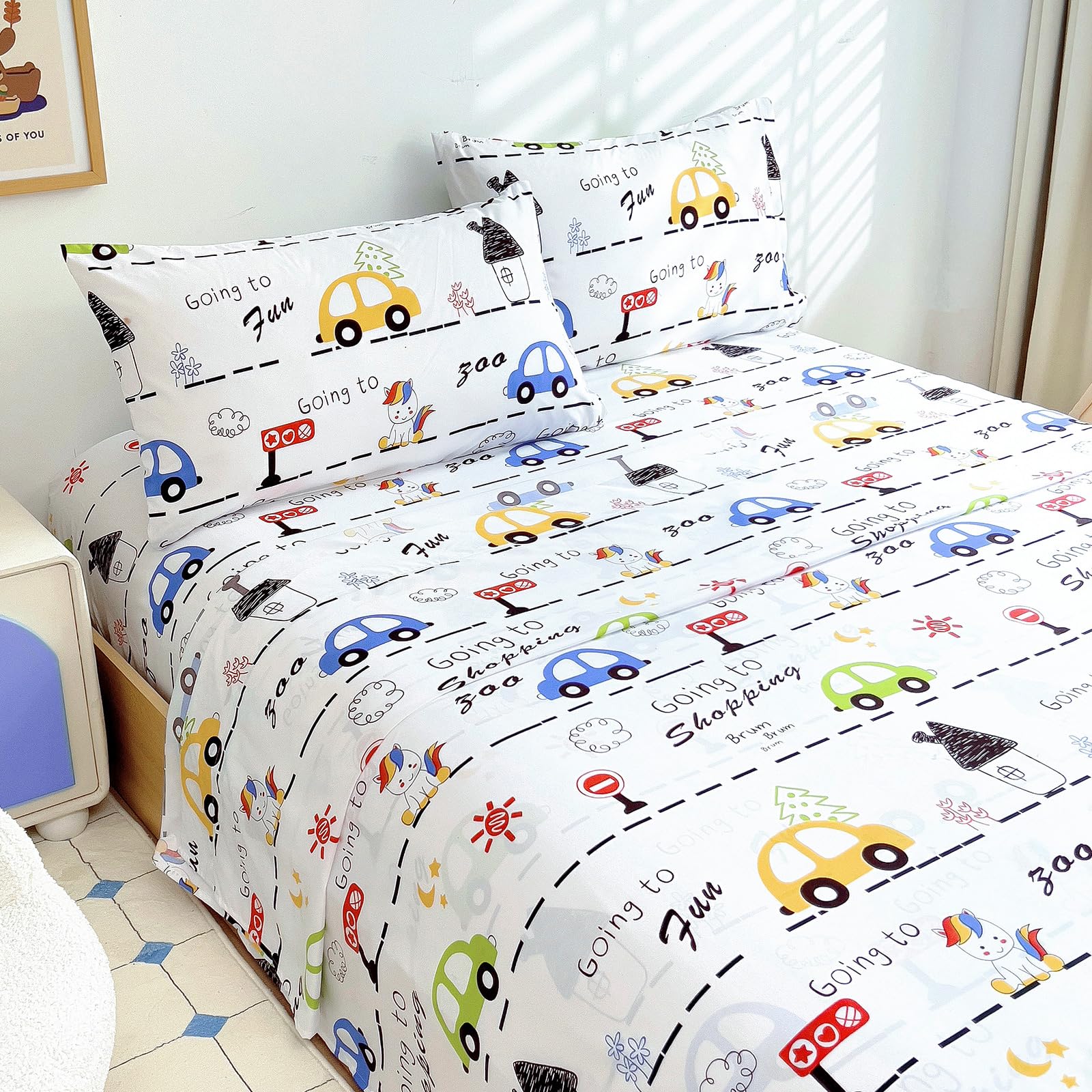 Full Sheet Set Kids - Car 4 Pieces Soft Microfiber Cartoon Style Bedsheets for Boys Girls Teens, Oeko TEX Breathable 15 Inch Deep Pocket Sheets(Unicorn Town)