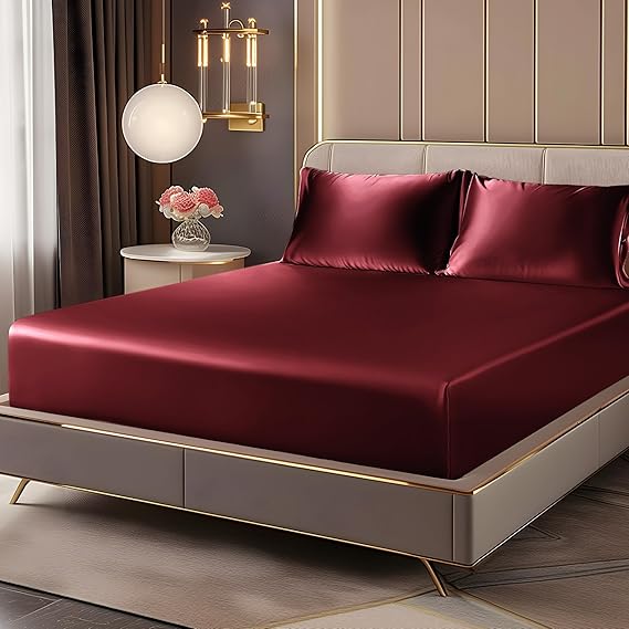 BEDELITE Satin Fitted Sheet and Pillowcase Set, Luxury Soft Similar to Silk Bottom Bedsheet with Elastic Corner Straps, Deep Pocket up to 15 Inch, 1 Fitted Sheet and 1 Pillowcase(Twin, Burgundy)