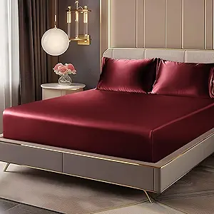 BEDELITE Satin Fitted Sheet and Pillowcases Set, Soft Similar to Silk Bottom Bed Sheet with Elastic Corner Straps, Deep Pocket up to 15 Inch, 1 Fitted Sheet and 2 Pillowcases(Cal King, Burgundy)