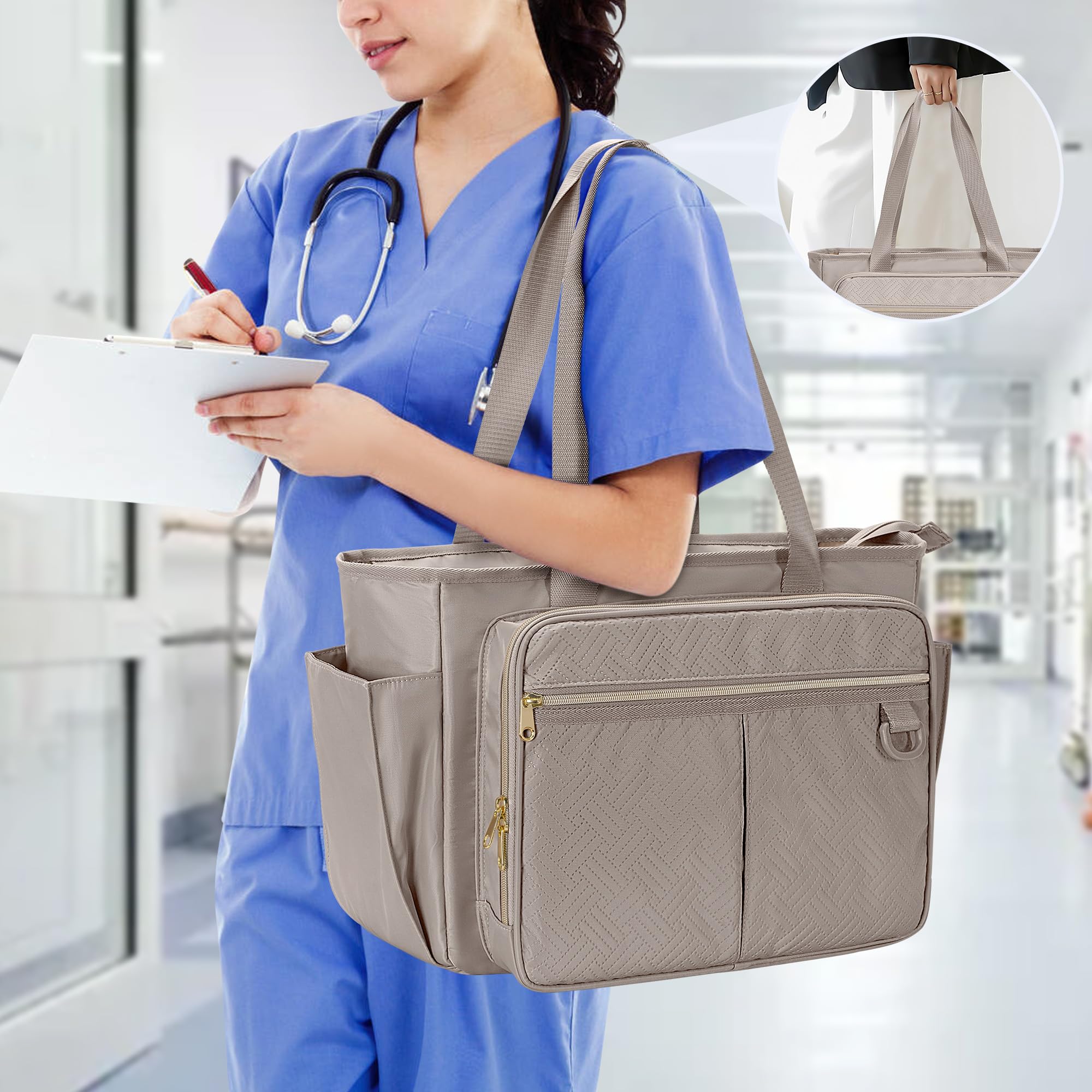 Krankenschwester Tragetasche für Frauen, Krankenpflege-Kliniktasche mit Akkordeon-Ordner, Krankenschwester Zubehör für die Arbeit und die häusliche Krankenpflege, Kamel