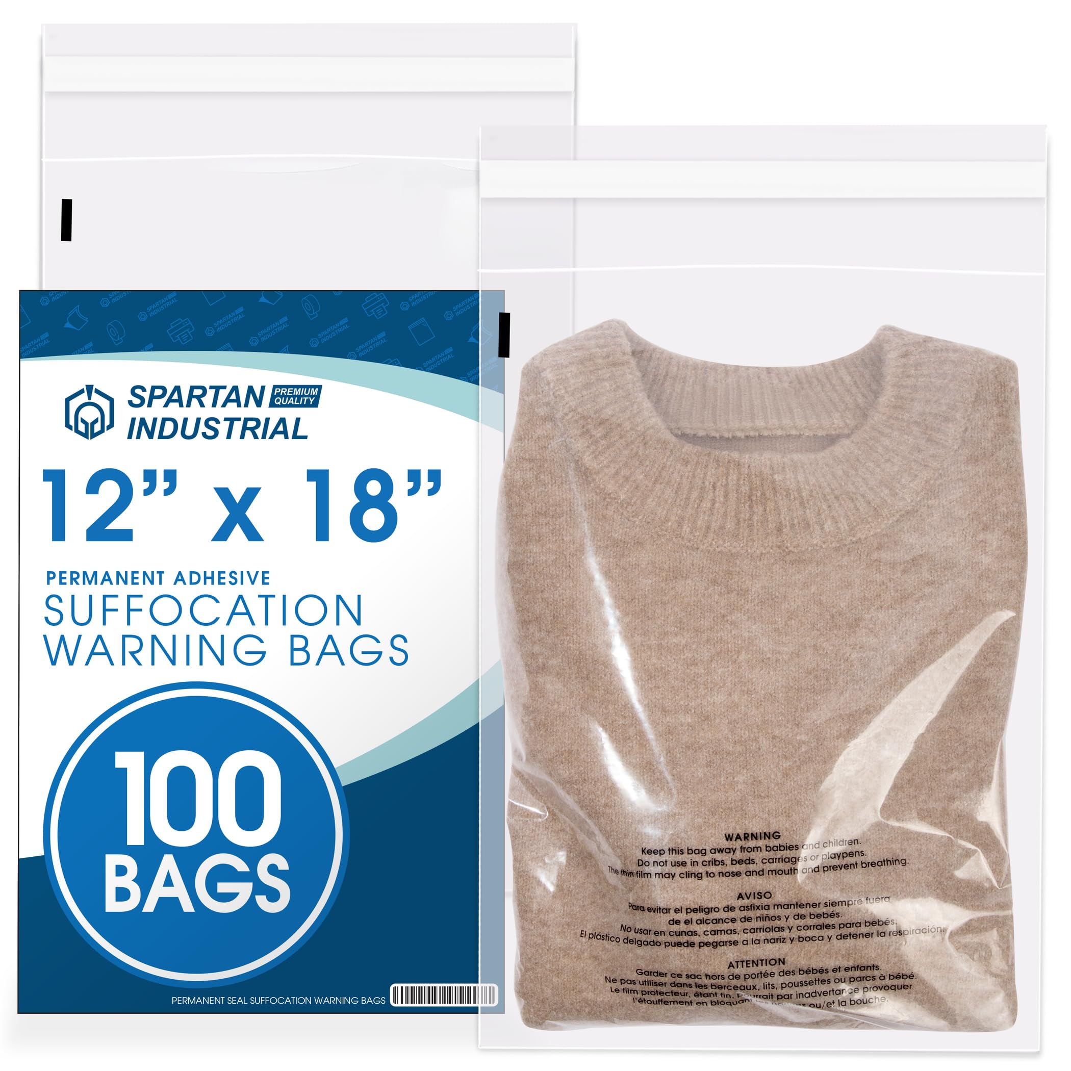 Spartan Industrial - 12” X 18” (100 Count) Self Seal Clear Poly Bags with Suffocation Warning for Packaging, Clothes - Permanent Adhesive