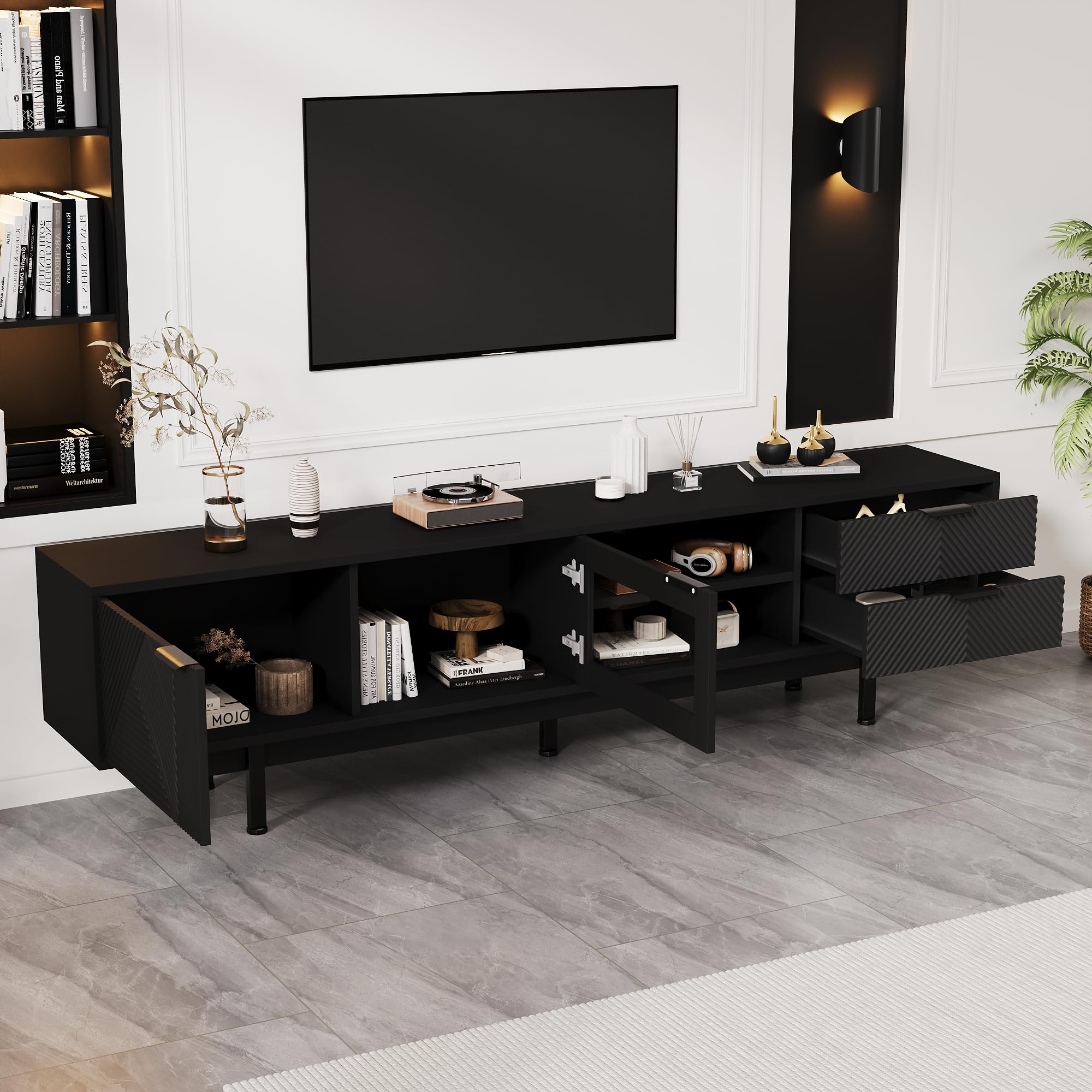 Mueble bajo para TV de 200 cm con 2 puertas y 2 cajones, elegante armario para TV de 80 pulgadas, para salón, mesa de TV, soporte de TV, color negro