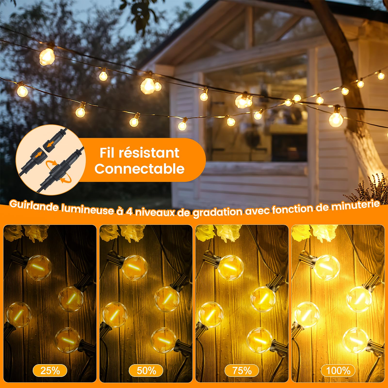 Guirlande Lumineuse Exterieure Guinguette, 30M G40 Luminaire Exterieur avec Télécommande/3 Modes/Timer/Dimmables, IP44 Étanche Lampe Intérieur Extérieur pour Pergola Jardin Tonnelle Terrasse