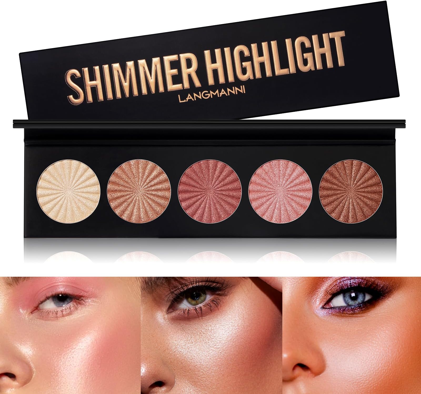 LANGMANNI Highlighter Powder Palette, Makeup Palette Facial Bronzers Illuminator Palette Highlighter Baked Waterproof Long Lasting Brilliant Lighten Skin Color (5 Color, 1 Count (Pack of 1))