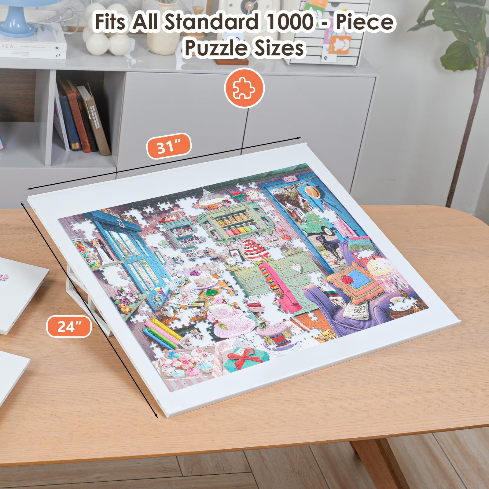 WELGEE Tavola puzzle inclinabile fai da te, con 6 pannelli modulari e supporto, tavolo puzzle portatile leggero per adulti e anziani, accessorio puzzle personalizzabile solo 1,6 kg (bianco)